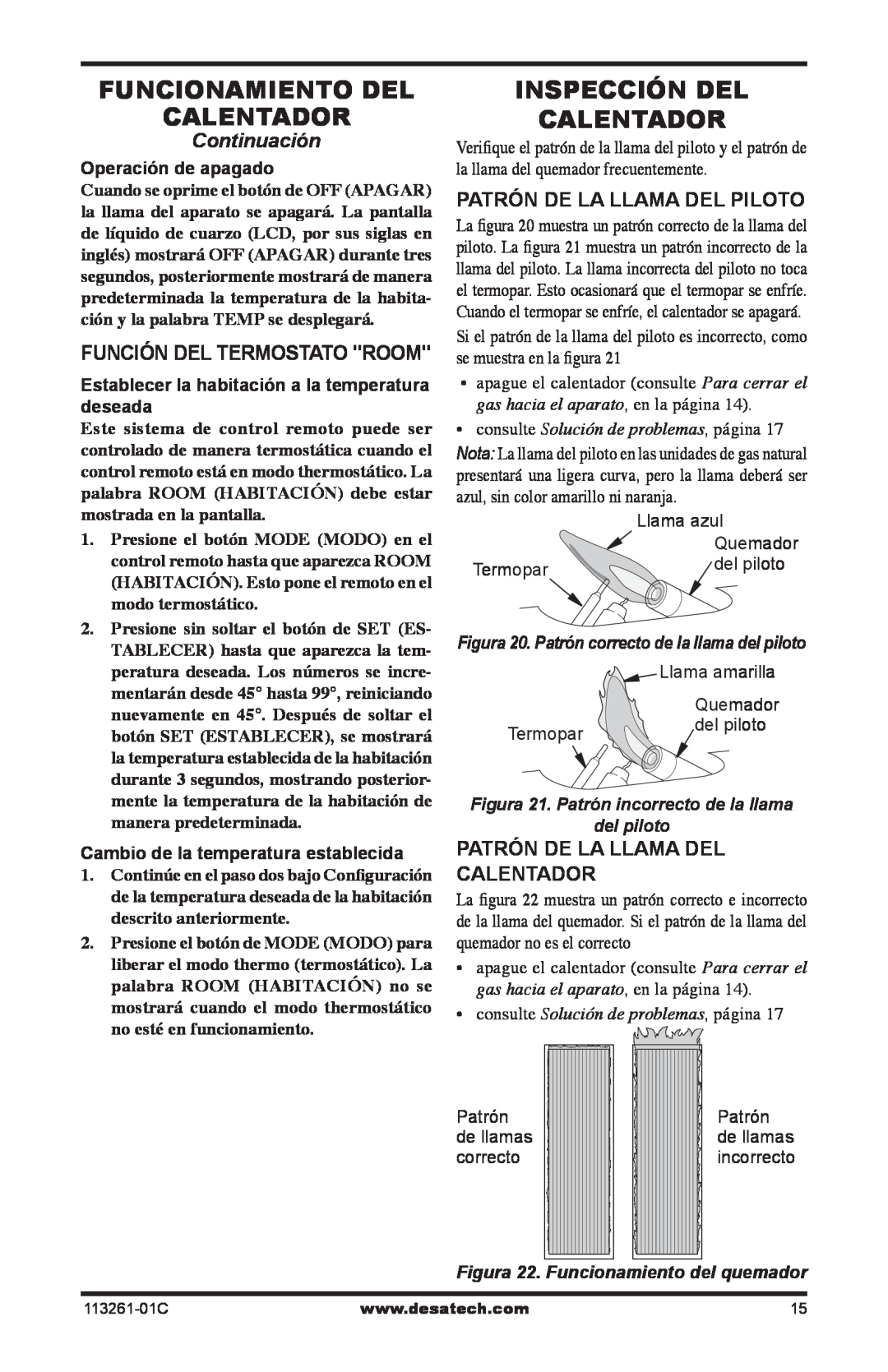 Desa VTN25R Función Del Termostato Room, Patrón De La Llama Del Piloto, Calentador, consulte Solución de problemas, página 