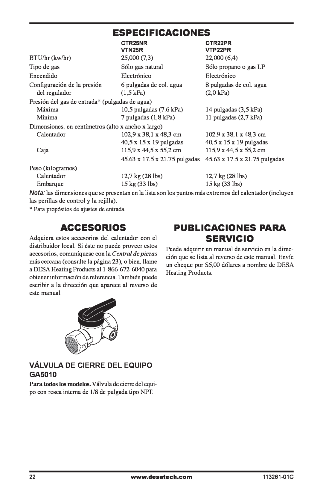 Desa VTP22R, VTN25R Especificaciones, Accesorios, Publicaciones Para Servicio, VÁLVULA DE CIERRE DEL EQUIPO GA5010 