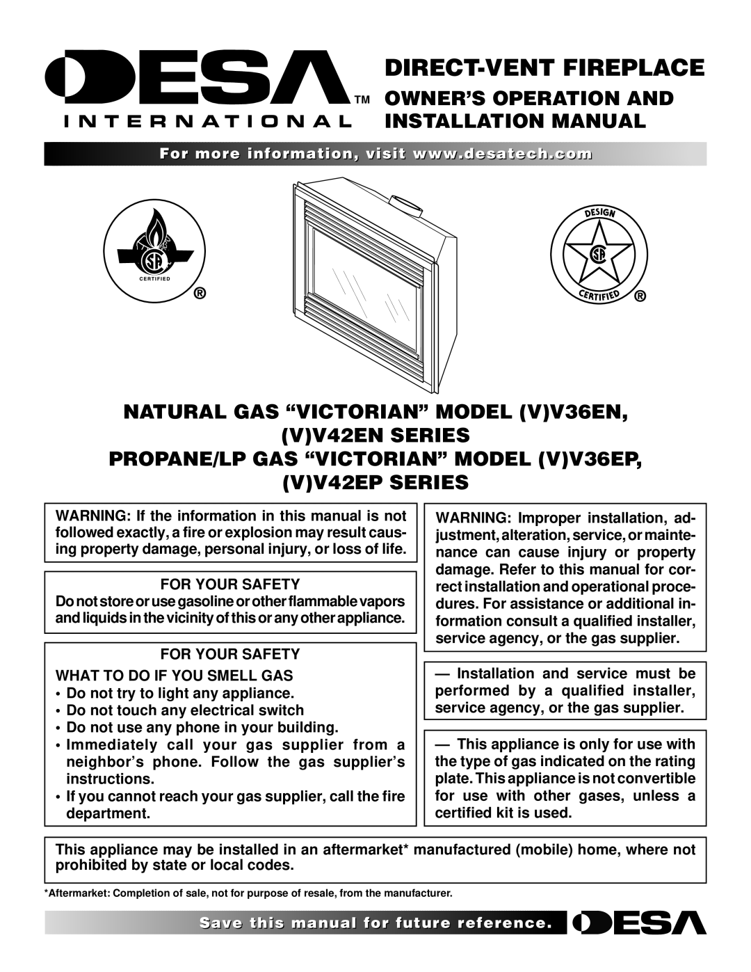 Desa (V)V36EN installation manual TM OWNER’S Operation Installation Manual, For Your Safety 