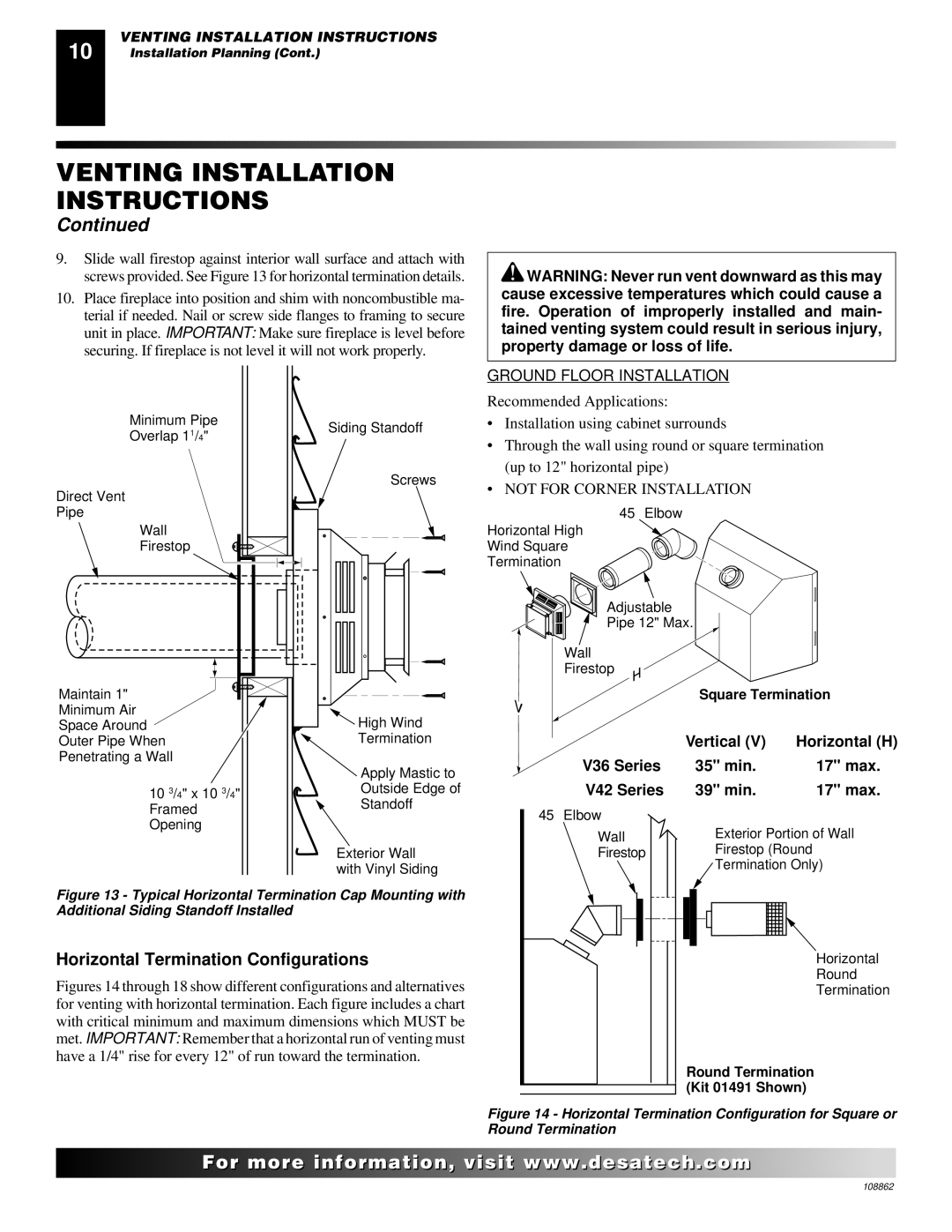 Desa (V)V36EN Horizontal Termination Configurations, Horizontal H, V36 Series 35 min 17 max V42 Series 39 min 