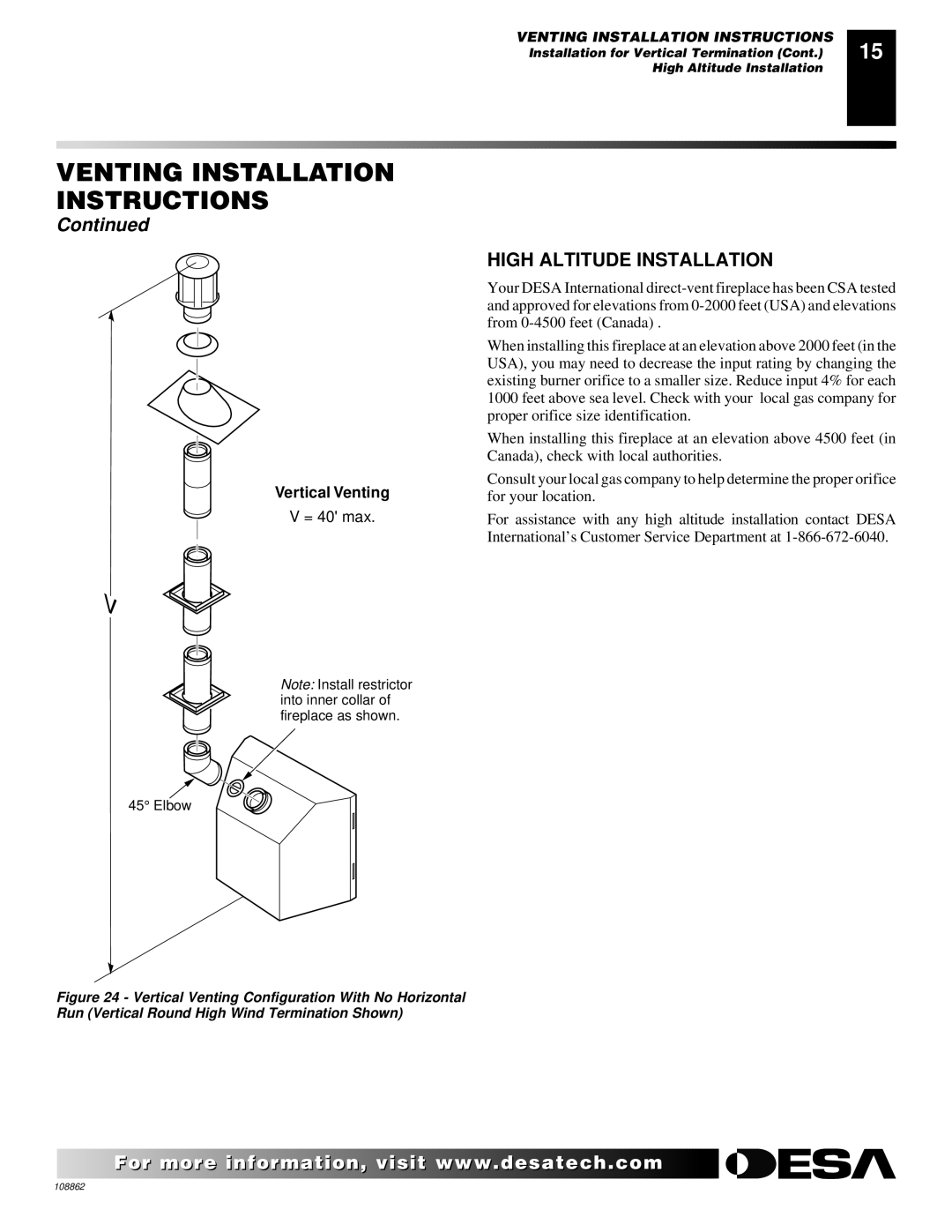 Desa (V)V36EN installation manual High Altitude Installation, Vertical Venting 