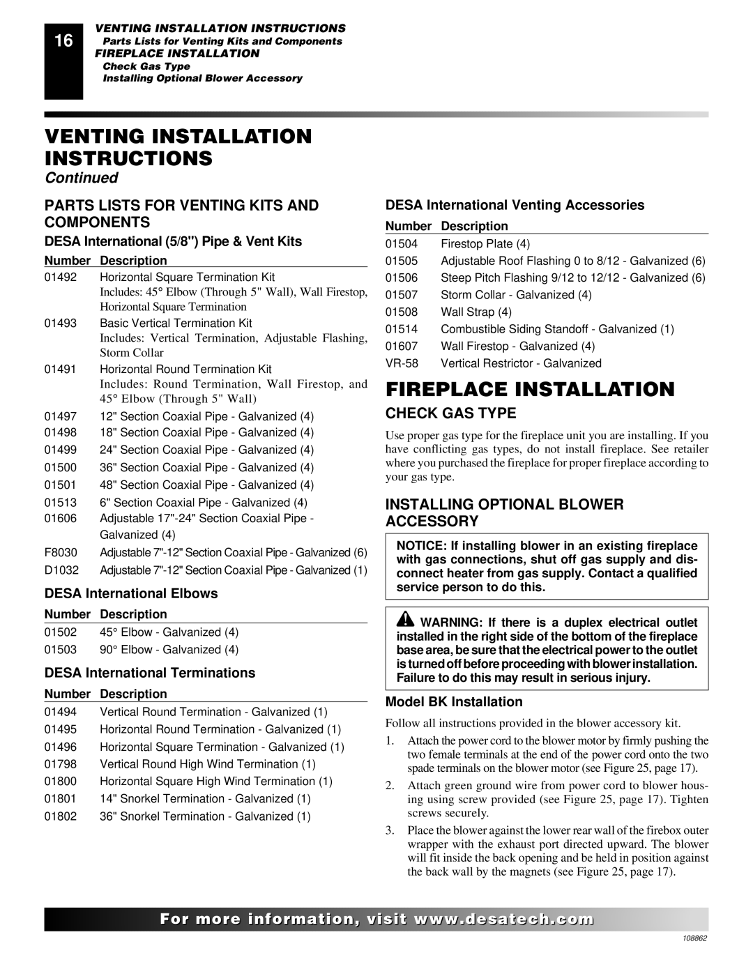 Desa (V)V36EN installation manual Fireplace Installation, Parts Lists for Venting Kits and Components, Check GAS Type 