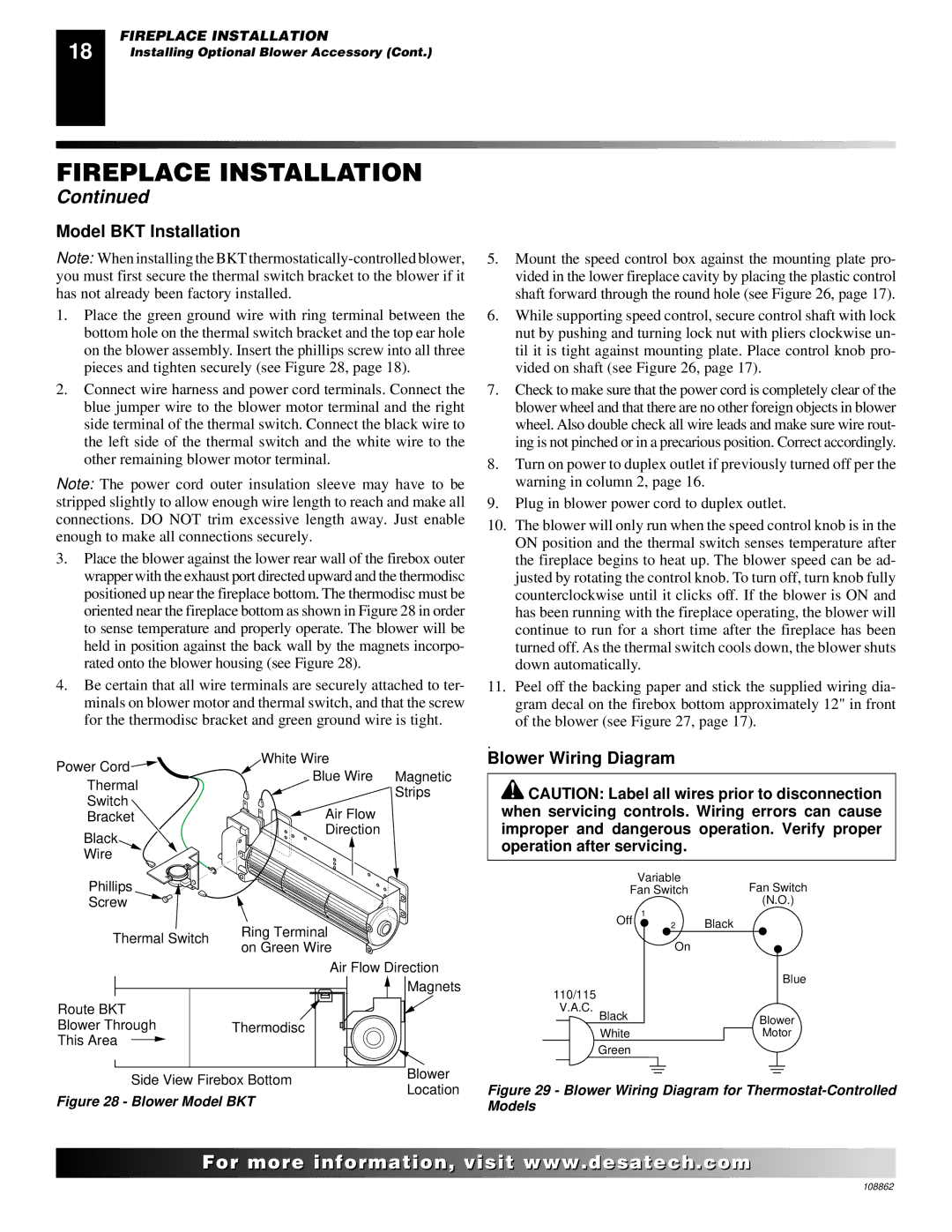 Desa (V)V36EN installation manual Model BKT Installation, Blower Wiring Diagram 