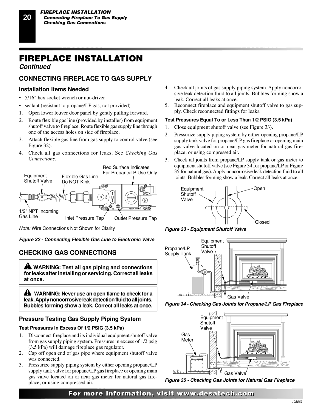 Desa (V)V36EN installation manual Connecting Fireplace to GAS Supply, Checking GAS Connections, Installation Items Needed 
