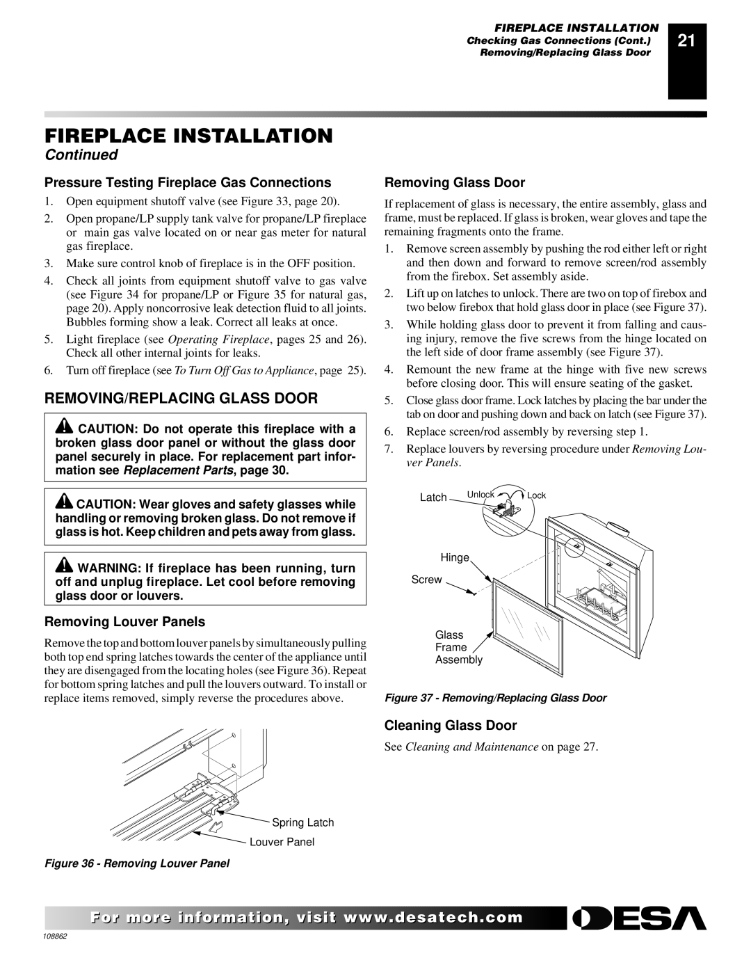 Desa (V)V36EN REMOVING/REPLACING Glass Door, Pressure Testing Fireplace Gas Connections, Removing Louver Panels 
