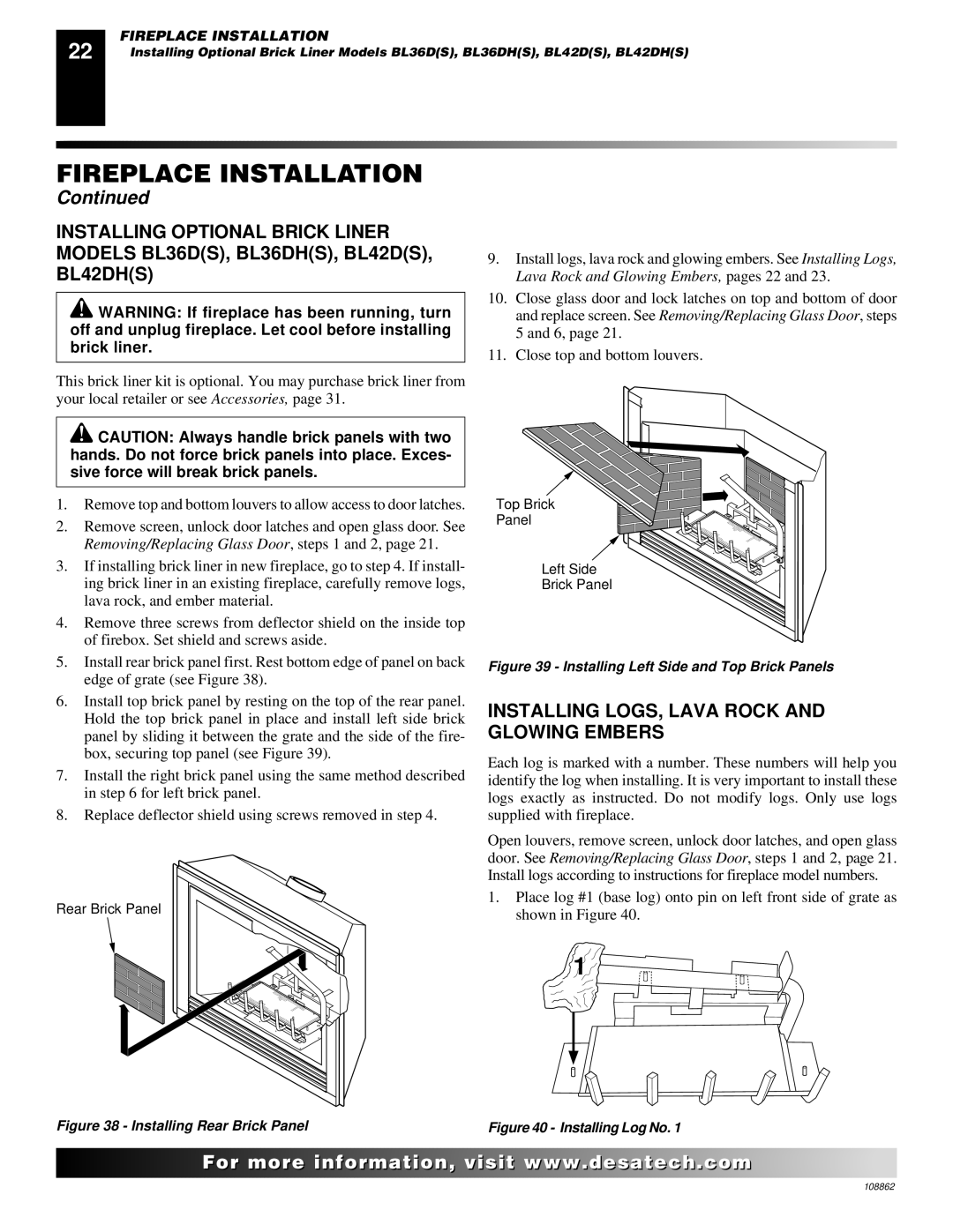 Desa (V)V36EN installation manual Installing LOGS, Lava Rock and Glowing Embers, Installing Left Side and Top Brick Panels 