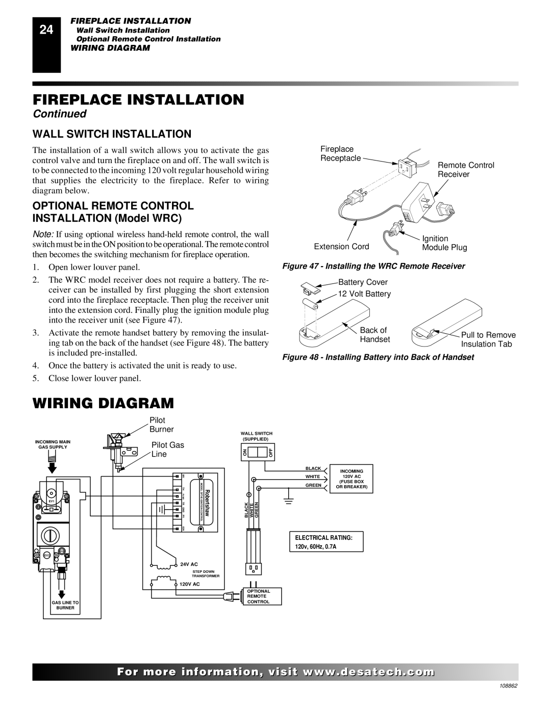 Desa (V)V36EN installation manual Wiring Diagram, Wall Switch Installation, Optional Remote Control 