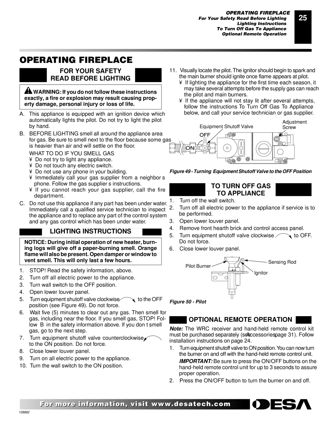 Desa (V)V36EN Operating Fireplace, For Your Safety Read Before Lighting, Lighting Instructions, Optional Remote Operation 