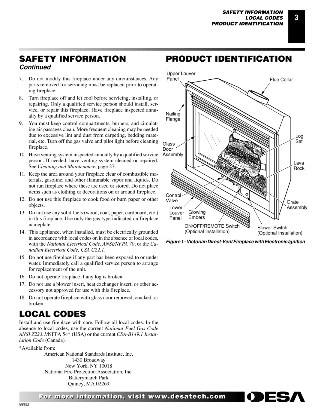 Desa (V)V36EN installation manual Local Codes, Product Identification 