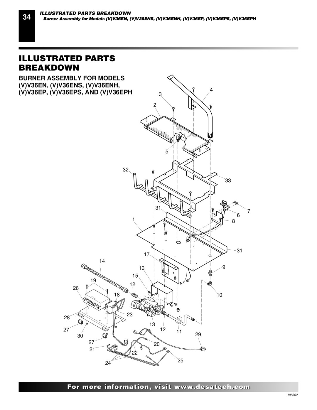 Desa (V)V36EN installation manual Burner Assembly for Models 