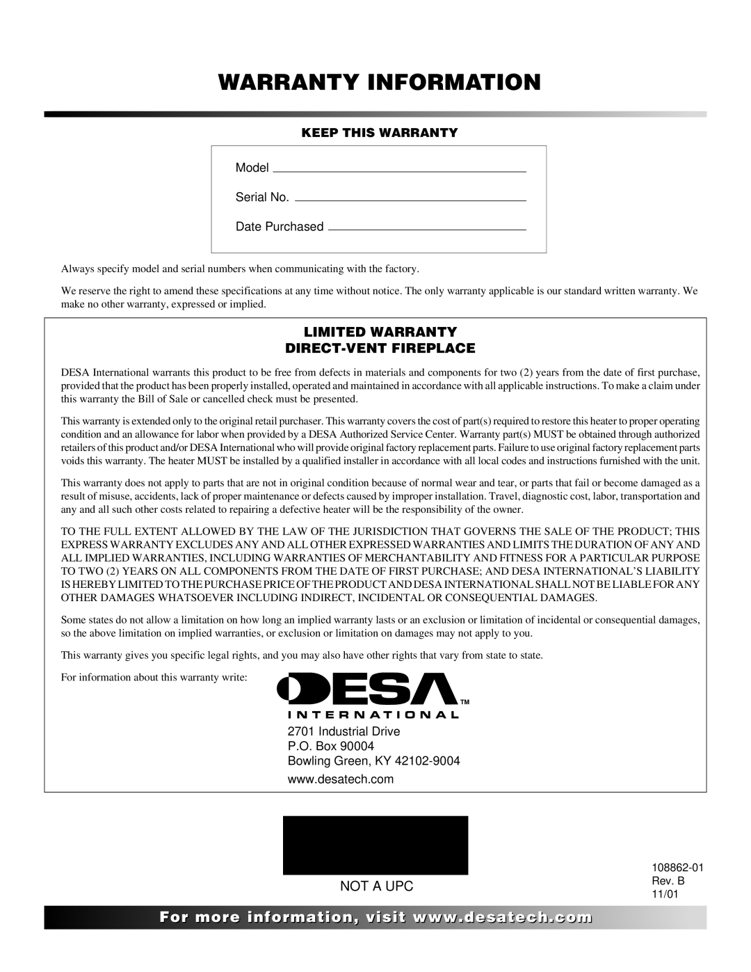 Desa (V)V36EN installation manual Warranty Information 