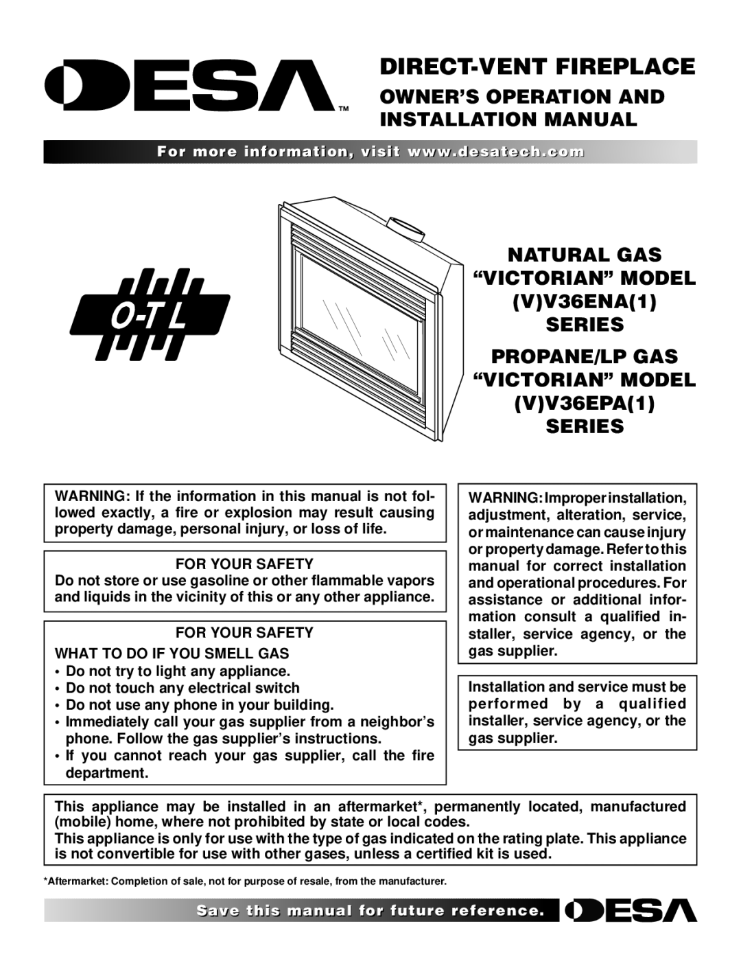 Desa (V)V36EPA(1) installation manual OWNER’S Operation Installation Manual, Natural GAS Victorian Model, Series 