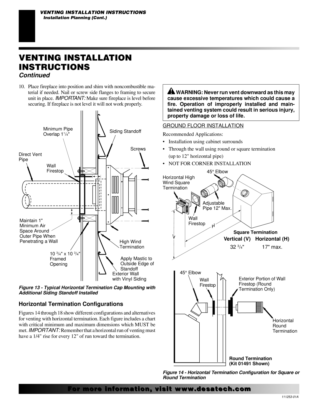 Desa (V)V36ENA(1), (V)V36EPA(1) installation manual Horizontal Termination Configurations, Ground Floor Installation 