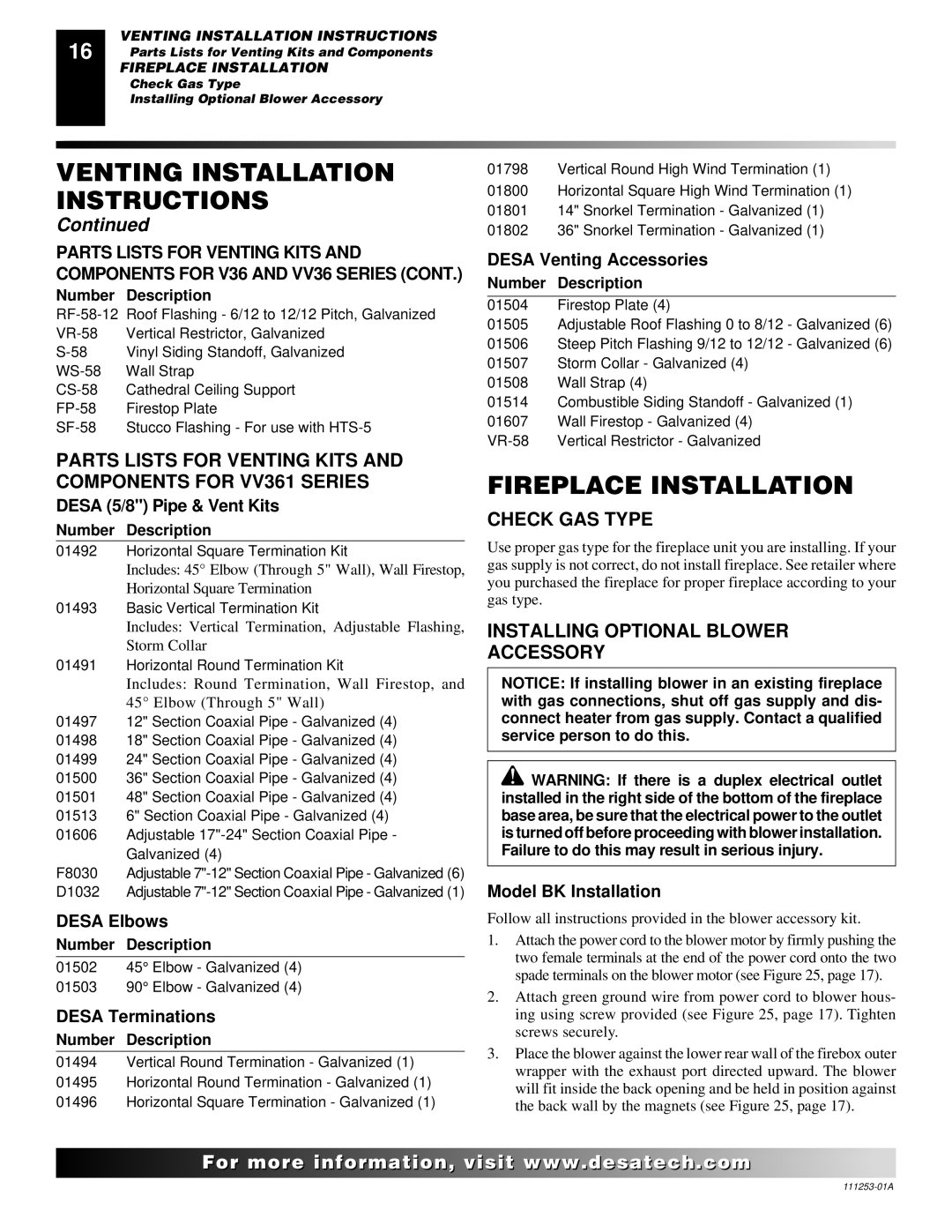 Desa (V)V36ENA(1), (V)V36EPA(1) Fireplace Installation, Check GAS Type, Installing Optional Blower Accessory 