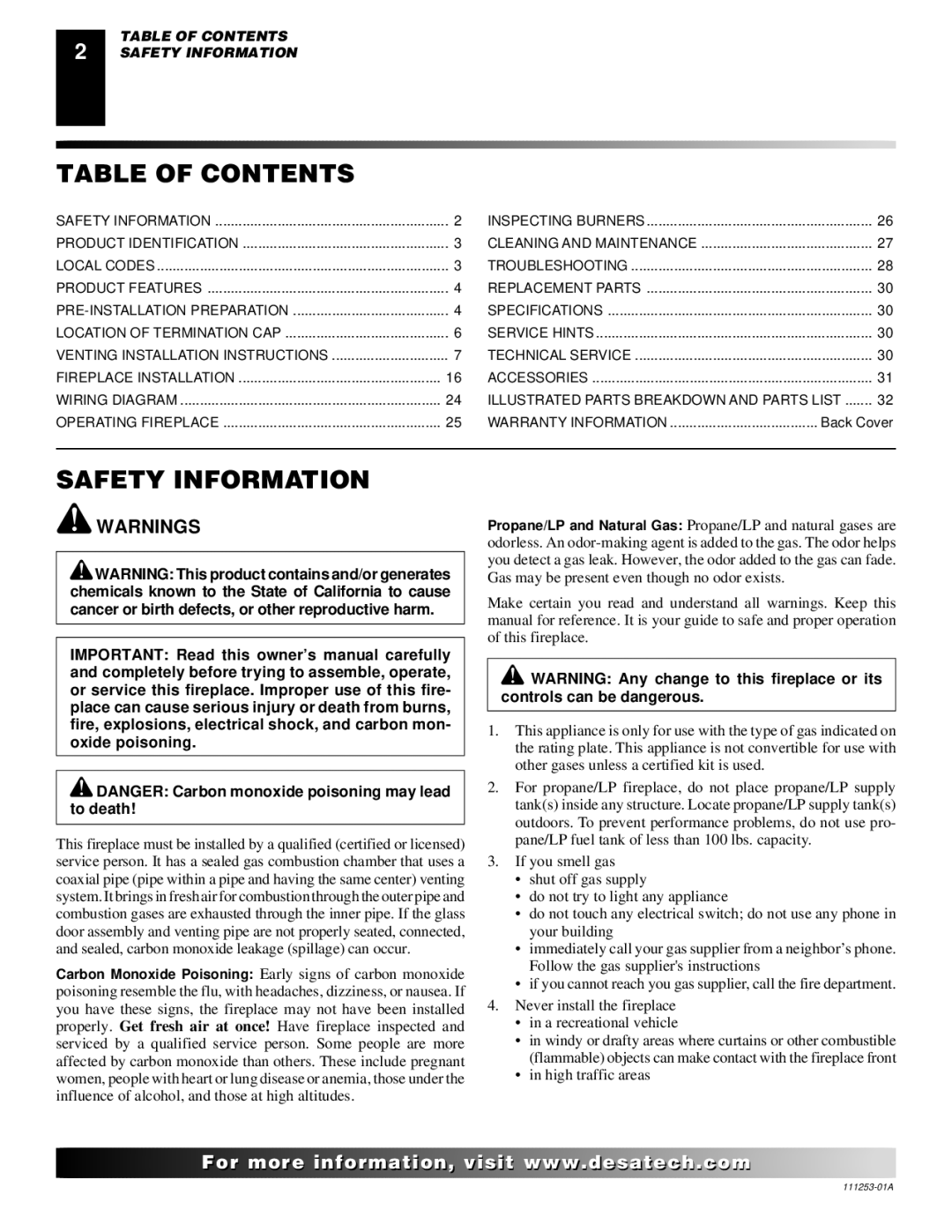 Desa (V)V36ENA(1), (V)V36EPA(1) installation manual Table of Contents, Safety Information 