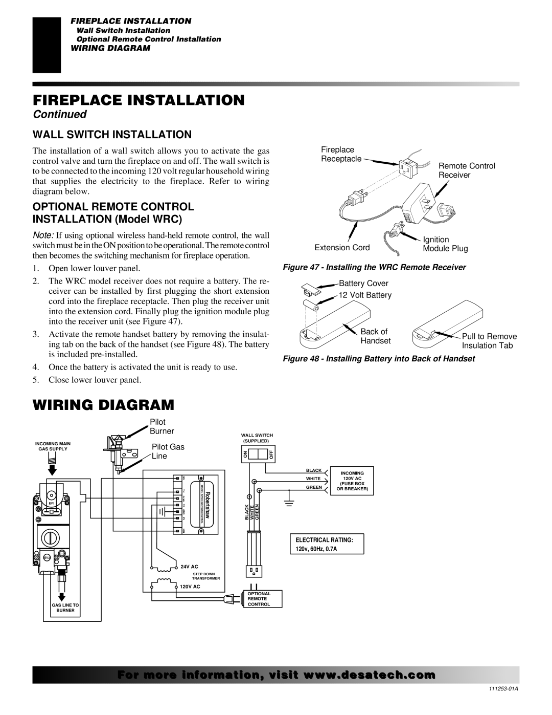 Desa (V)V36ENA(1), (V)V36EPA(1) installation manual Wiring Diagram, Wall Switch Installation, Optional Remote Control 