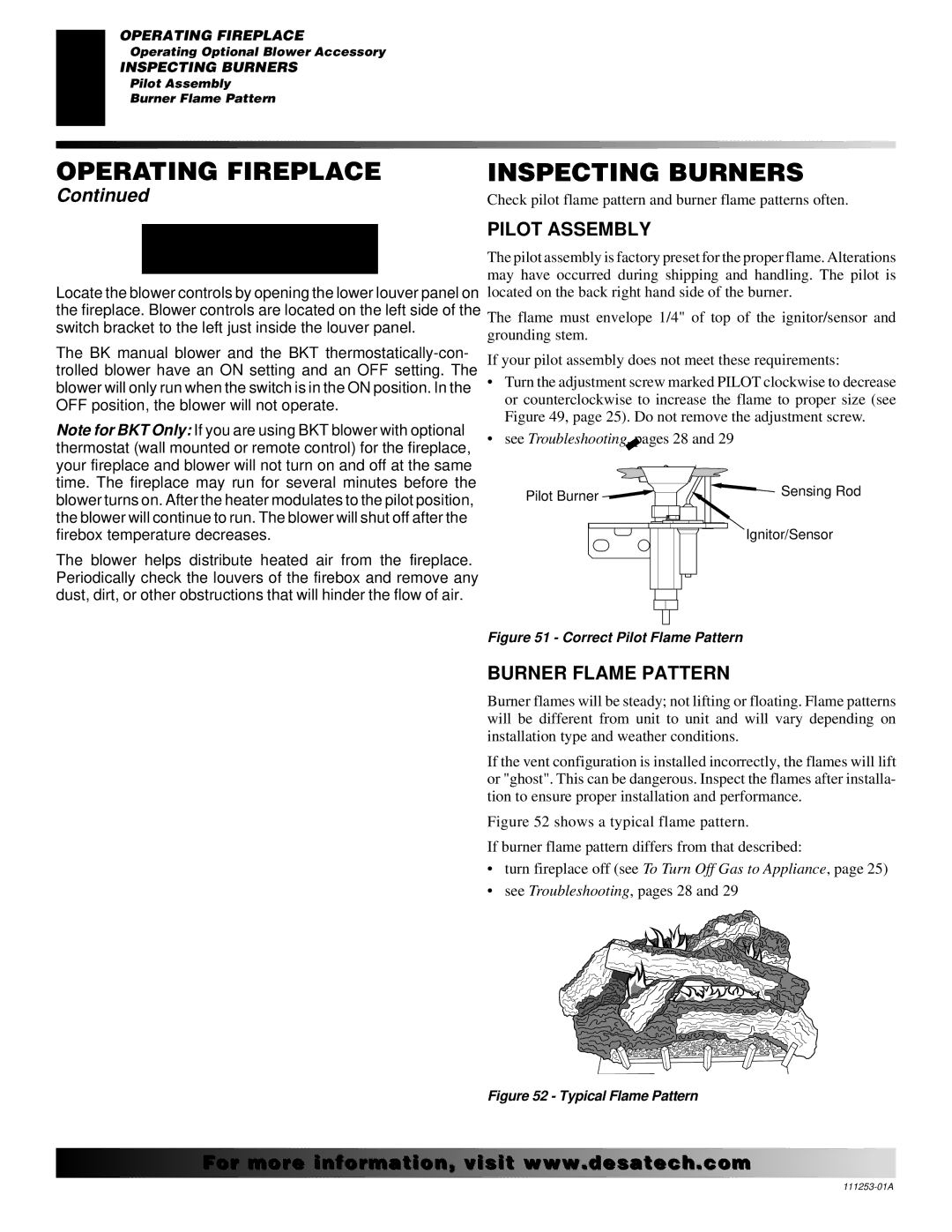 Desa (V)V36ENA(1) Inspecting Burners, Operating Optional Blower Accessory, Pilot Assembly, Burner Flame Pattern 