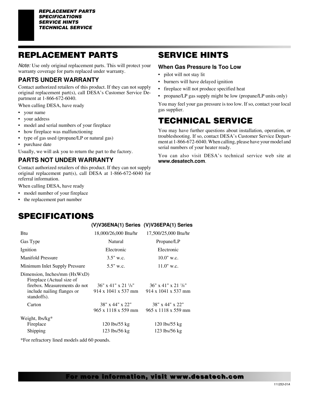 Desa (V)V36ENA(1), (V)V36EPA(1) installation manual Replacement Parts, Service Hints, Technical Service, Specifications 