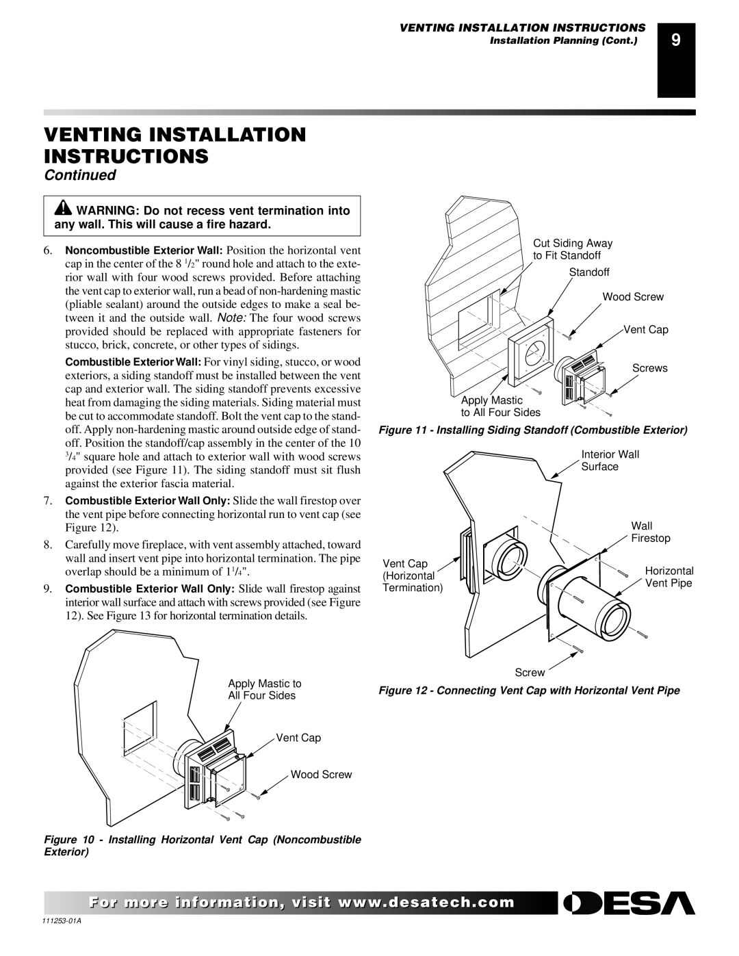 Desa (V)V36EPA(1), (V)V36ENA(1) installation manual Installing Siding Standoff Combustible Exterior 