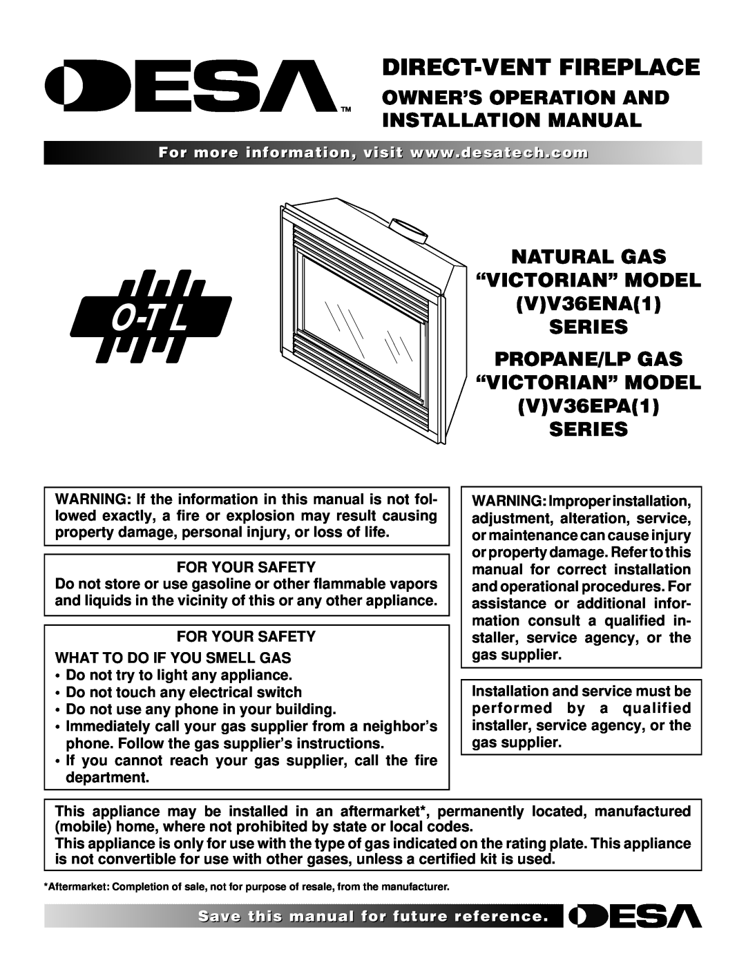Desa (V)V36EPA(1) installation manual Owner’S Operation And Installation Manual, For Your Safety, Direct-Ventfireplace 