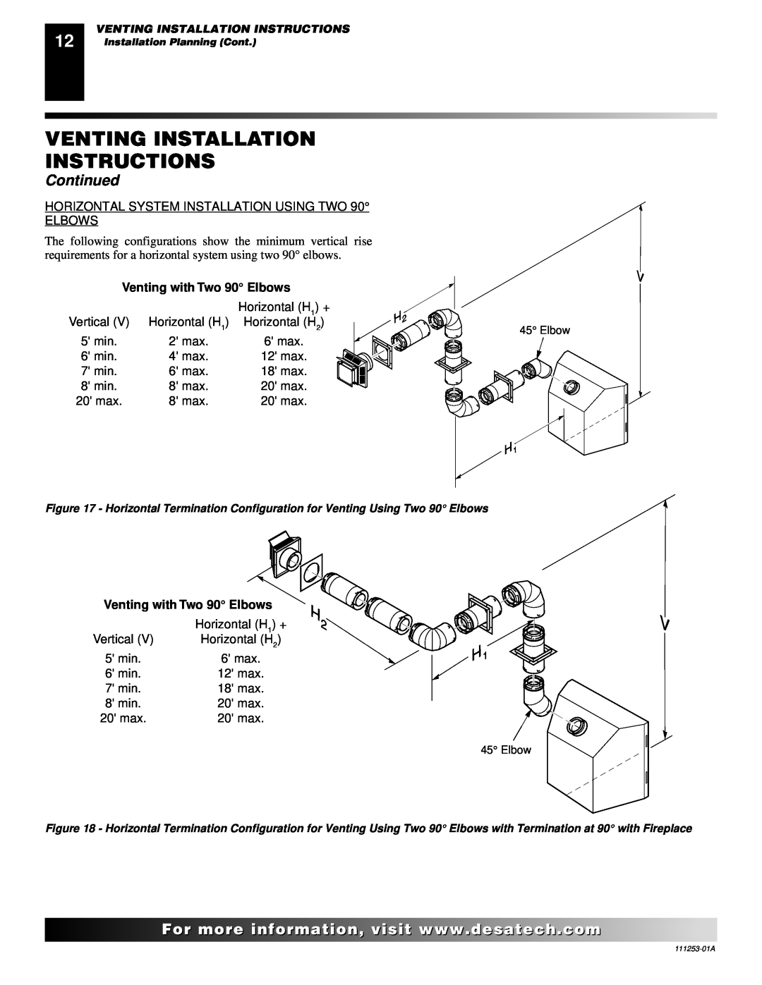Desa (V)V36ENA(1), (V)V36EPA(1) installation manual Venting Installation Instructions, Continued, Venting with Two 90 Elbows 