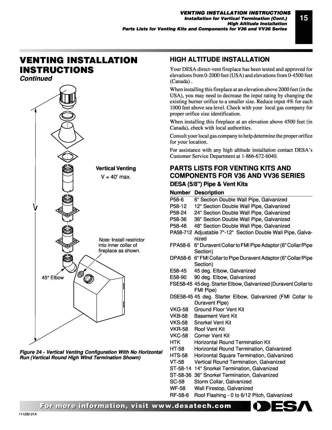 Desa (V)V36EPA(1) High Altitude Installation, DESA 5/8 Pipe & Vent Kits, Venting Installation Instructions, Continued 
