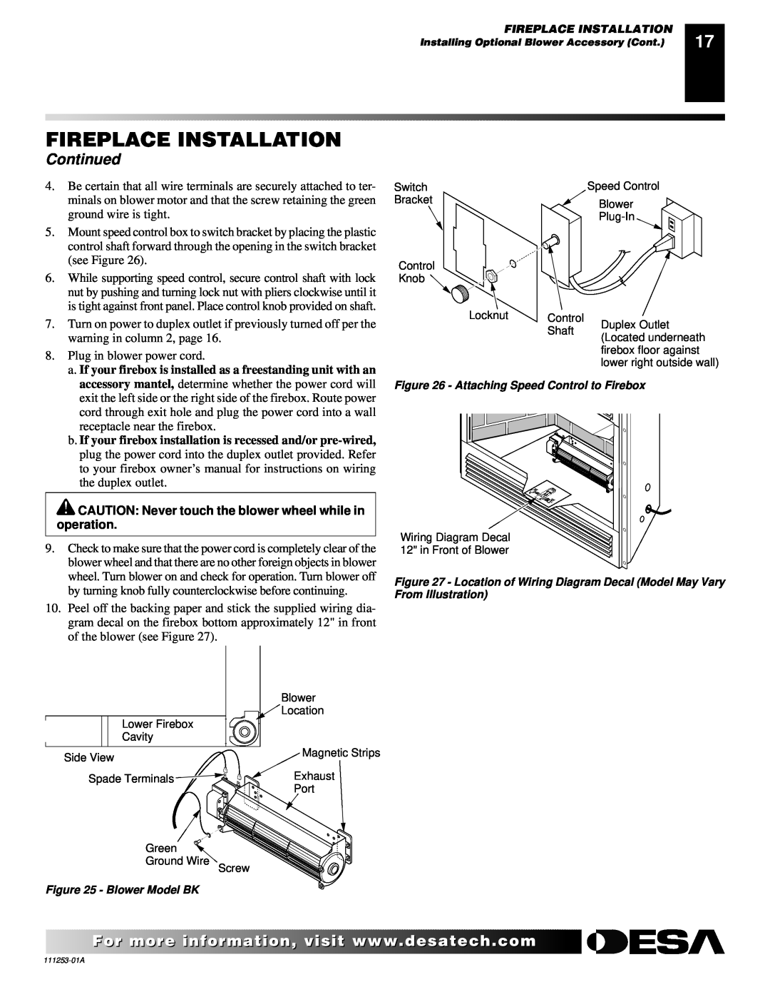 Desa (V)V36EPA(1), (V)V36ENA(1) installation manual Fireplace Installation, Continued, Plug in blower power cord 