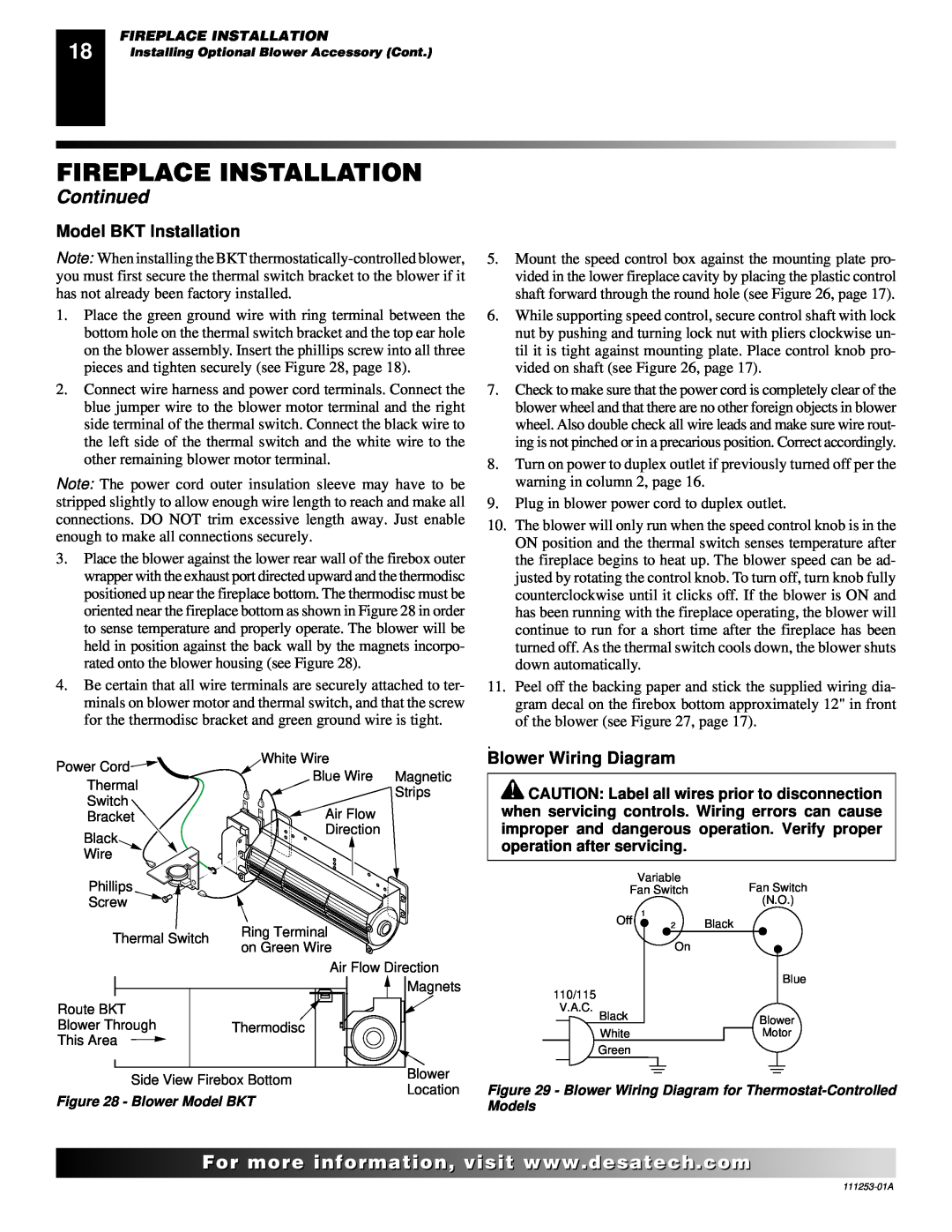 Desa (V)V36ENA(1), (V)V36EPA(1) Model BKT Installation, Blower Wiring Diagram, Fireplace Installation, Continued 