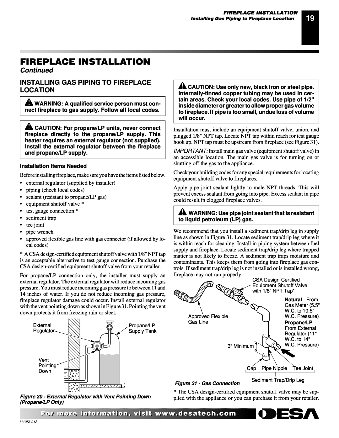 Desa (V)V36EPA(1), (V)V36ENA(1) Installing Gas Piping To Fireplace Location, Fireplace Installation, Continued 