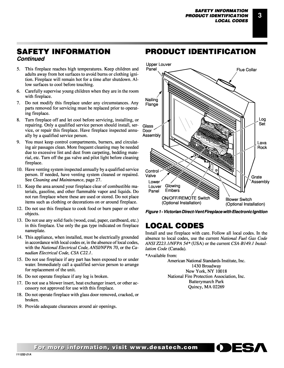 Desa (V)V36EPA(1), (V)V36ENA(1) installation manual Product Identification, Local Codes, Continued, Safety Information 