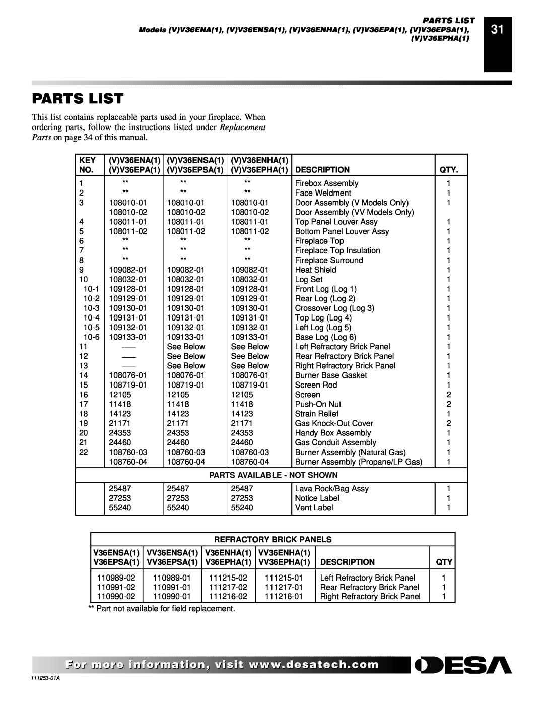 Desa (V)V36EPA(1), (V)V36ENA(1) installation manual Parts List 