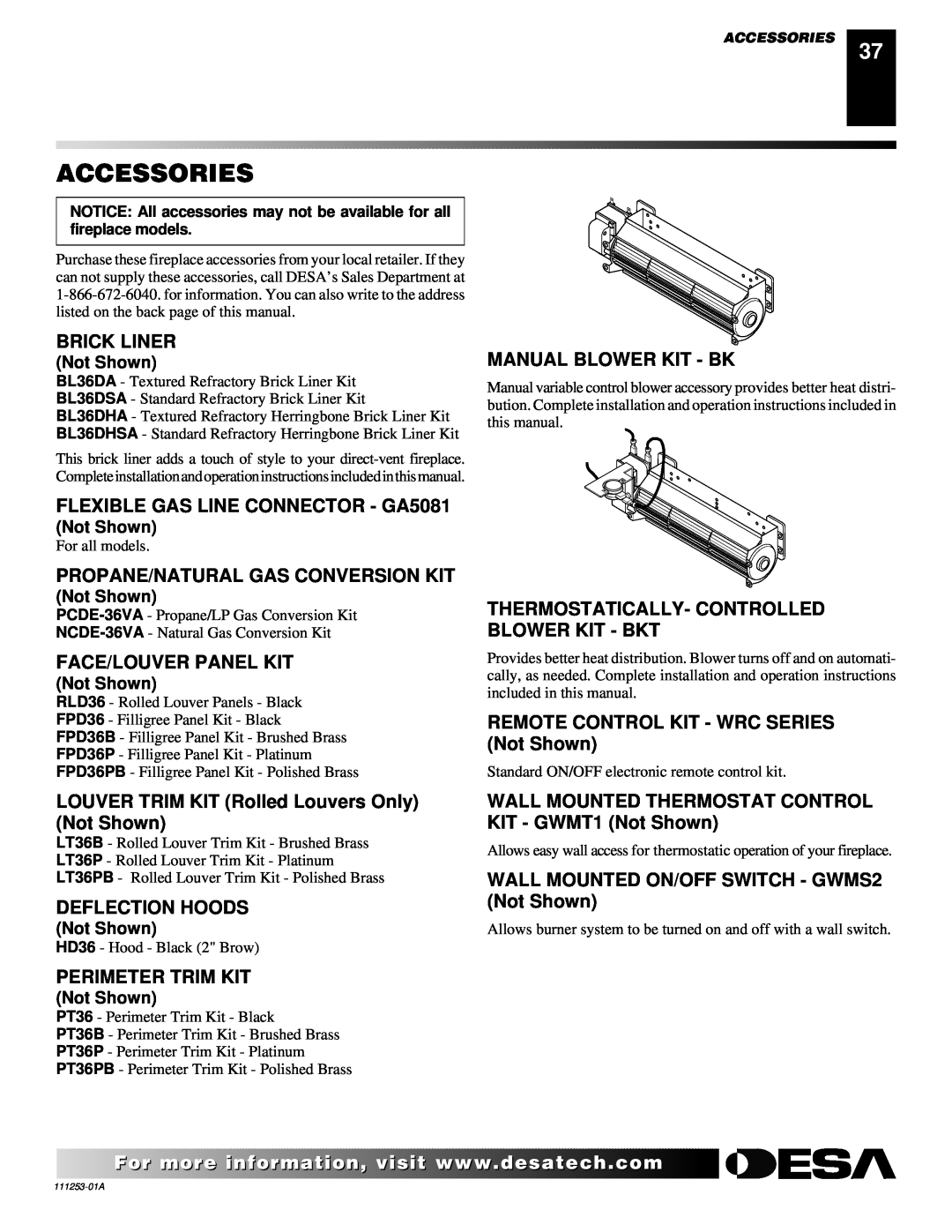 Desa (V)V36EPA(1) Accessories, Brick Liner, FLEXIBLE GAS LINE CONNECTOR - GA5081, Propane/Natural Gas Conversion Kit 