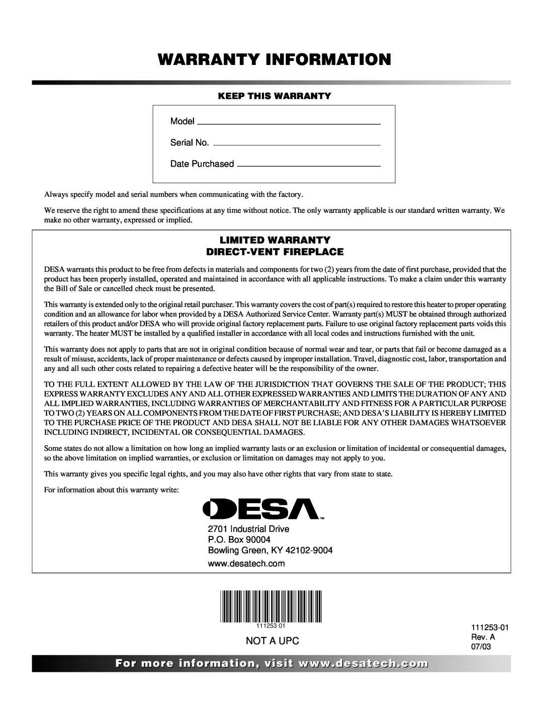 Desa (V)V36ENA(1), (V)V36EPA(1) installation manual Limited Warranty Direct-Ventfireplace, Not A Upc, Warranty Information 