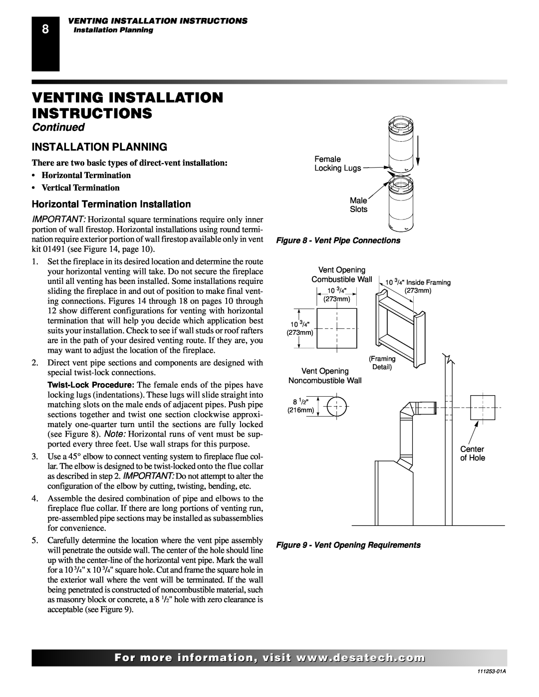 Desa (V)V36ENA(1) Installation Planning, Horizontal Termination Installation, Venting Installation Instructions, Continued 