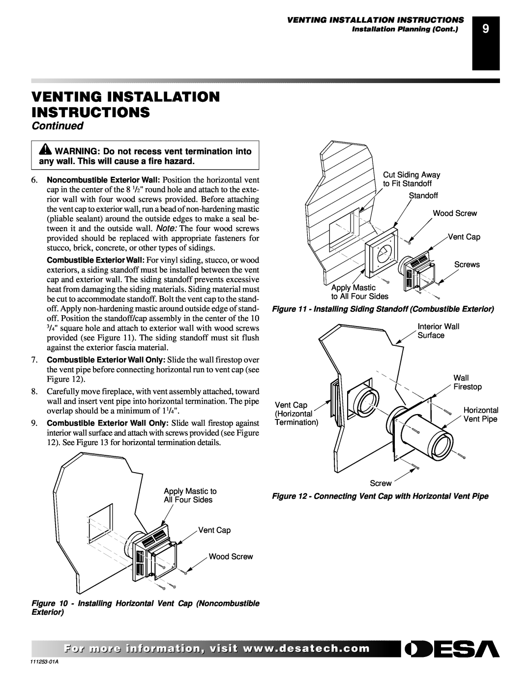 Desa (V)V36EPA(1), (V)V36ENA(1) installation manual Venting Installation Instructions, Continued, Exterior 