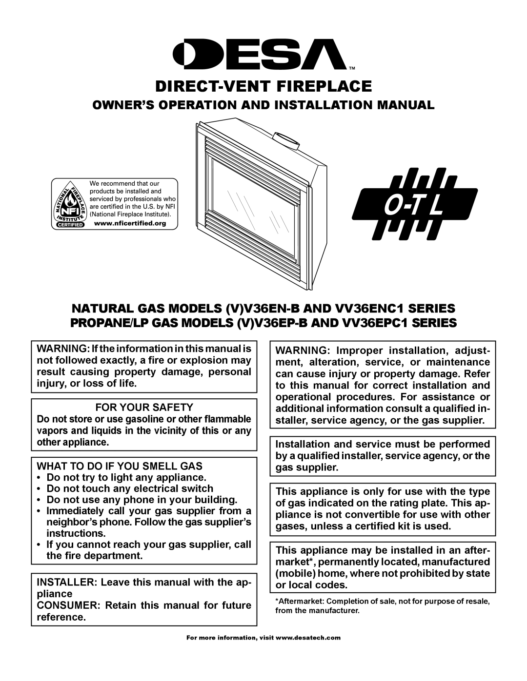 Desa VV36EPC1 SERIES, VV36ENC1 SERIES, (V)V36EN-B installation manual For Your Safety, What to do if YOU Smell GAS 