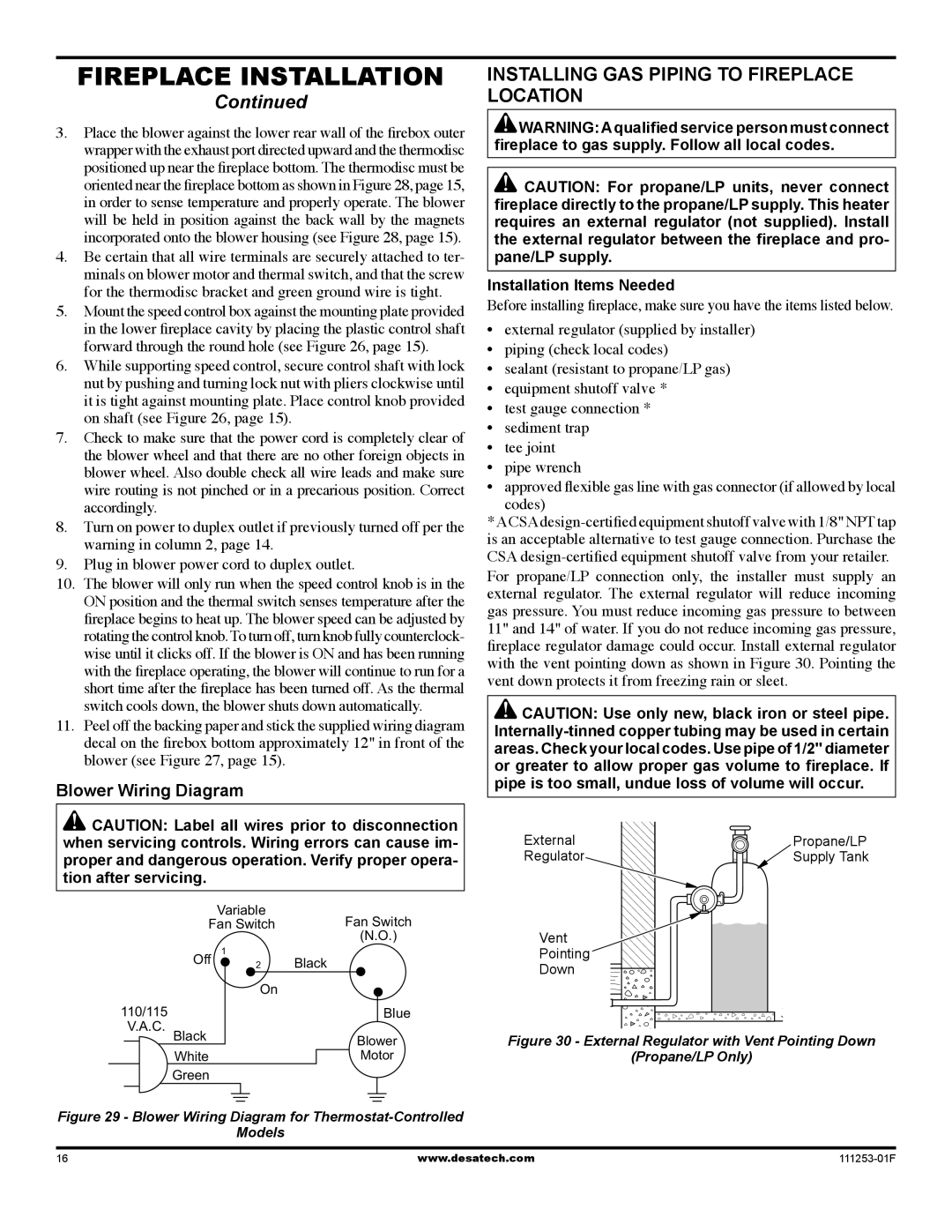 Desa VV36ENC1 SERIES Installing Gas Piping to Fireplace Location, Blower Wiring Diagram, Installation Items Needed 