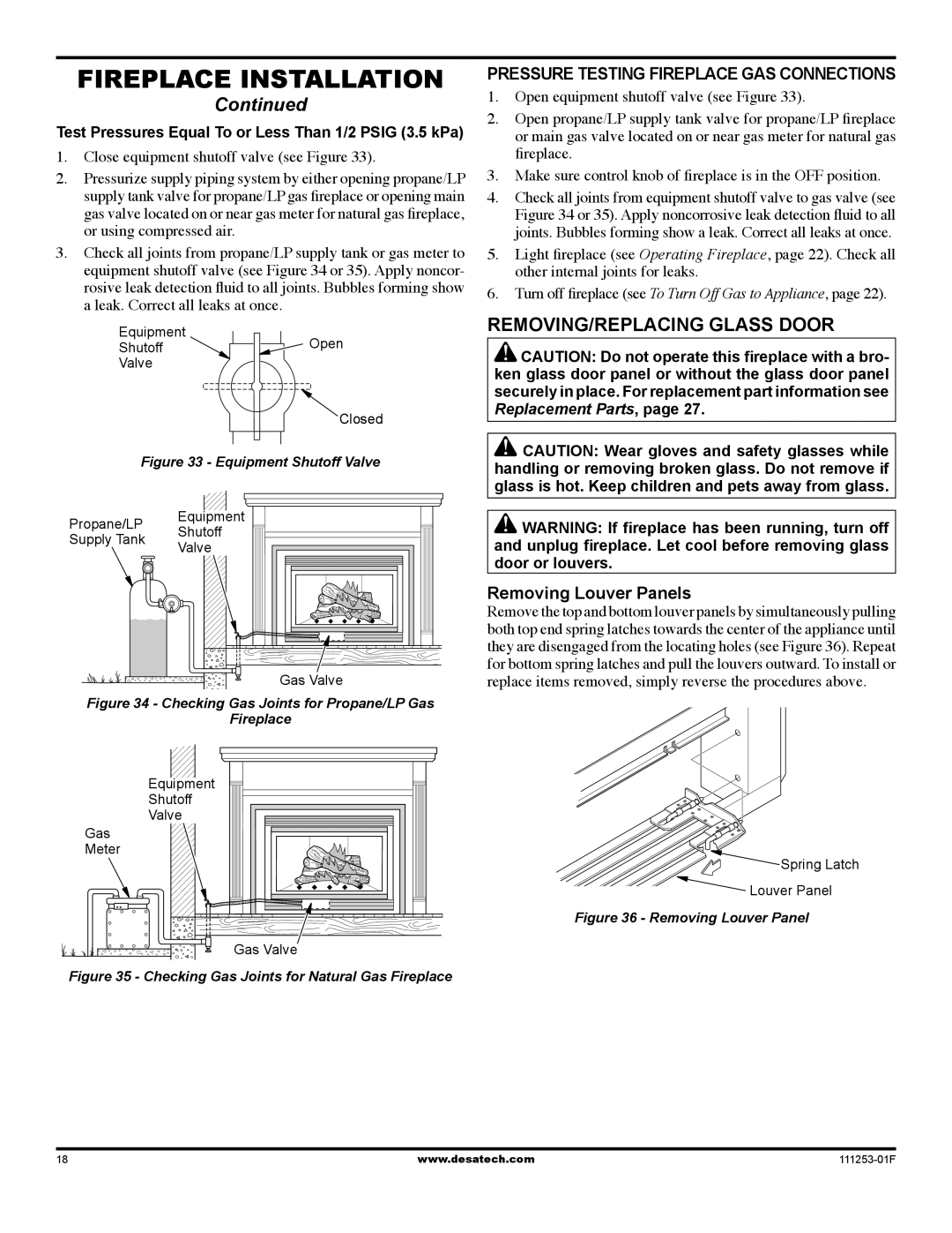 Desa (V)V36EN-B Removing/Replacing Glass Door, Pressure Testing Fireplace Gas Connections, Removing Louver Panels 