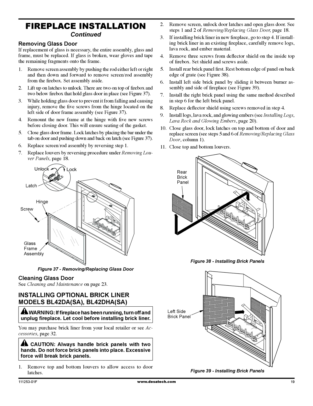 Desa (V)V36EP-B Installing Optional Brick liner Models BL42DASA, BL42DHASA, Removing Glass Door, Cleaning Glass Door 