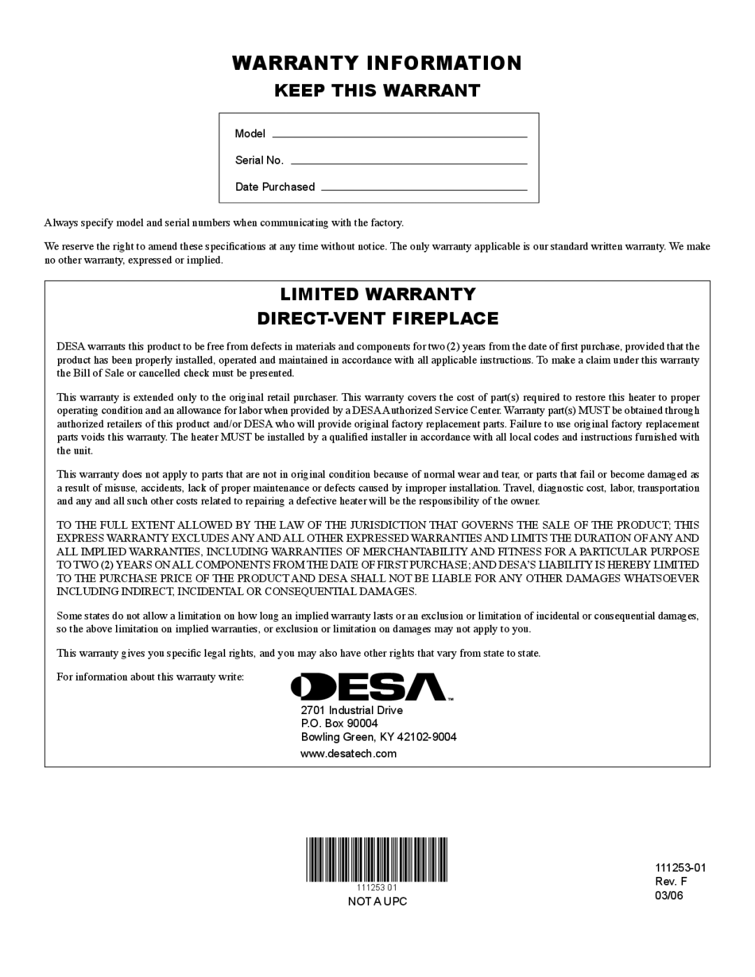 Desa (V)V36EN-B, VV36ENC1 SERIES, VV36EPC1 SERIES, (V)V36EP-B installation manual Warranty Information, Keep this Warrant 