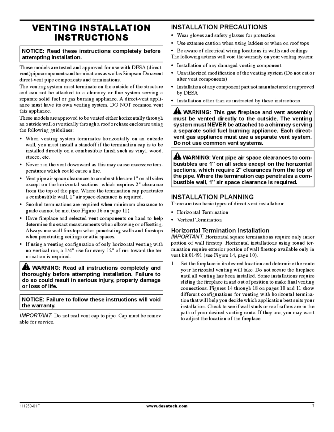 Desa (V)V36EP-B, VV36ENC1 SERIES Venting Installation Instructions, Installation Precautions, Installation Planning 