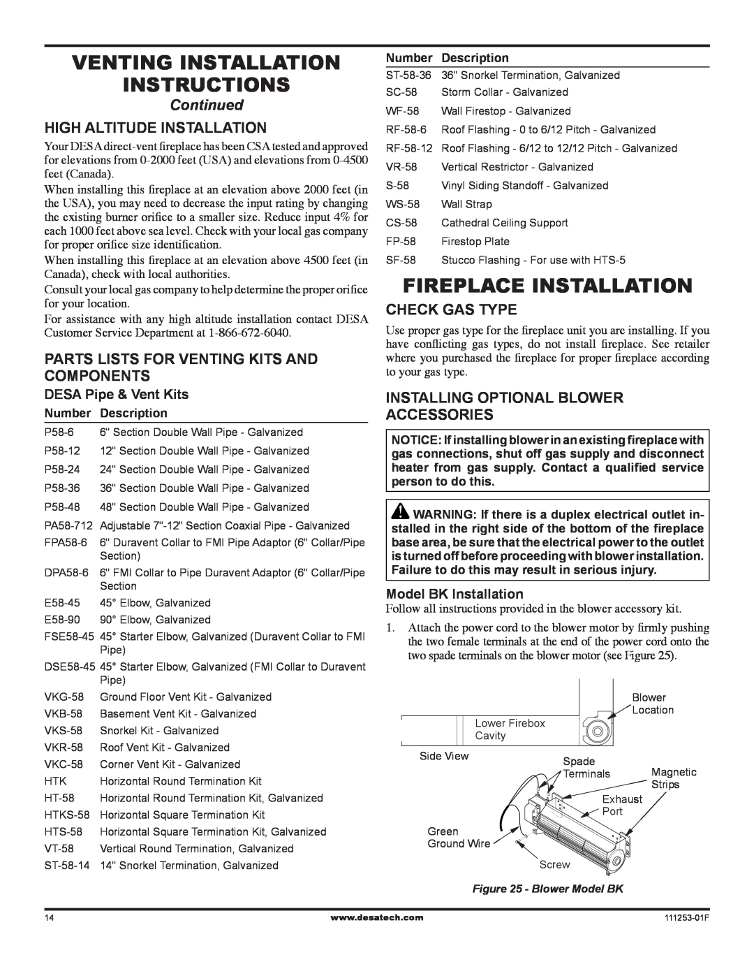 Desa (V)V36EN-B Fireplace Installation, High Altitude Installation, Parts lists for venting kits and components, Continued 