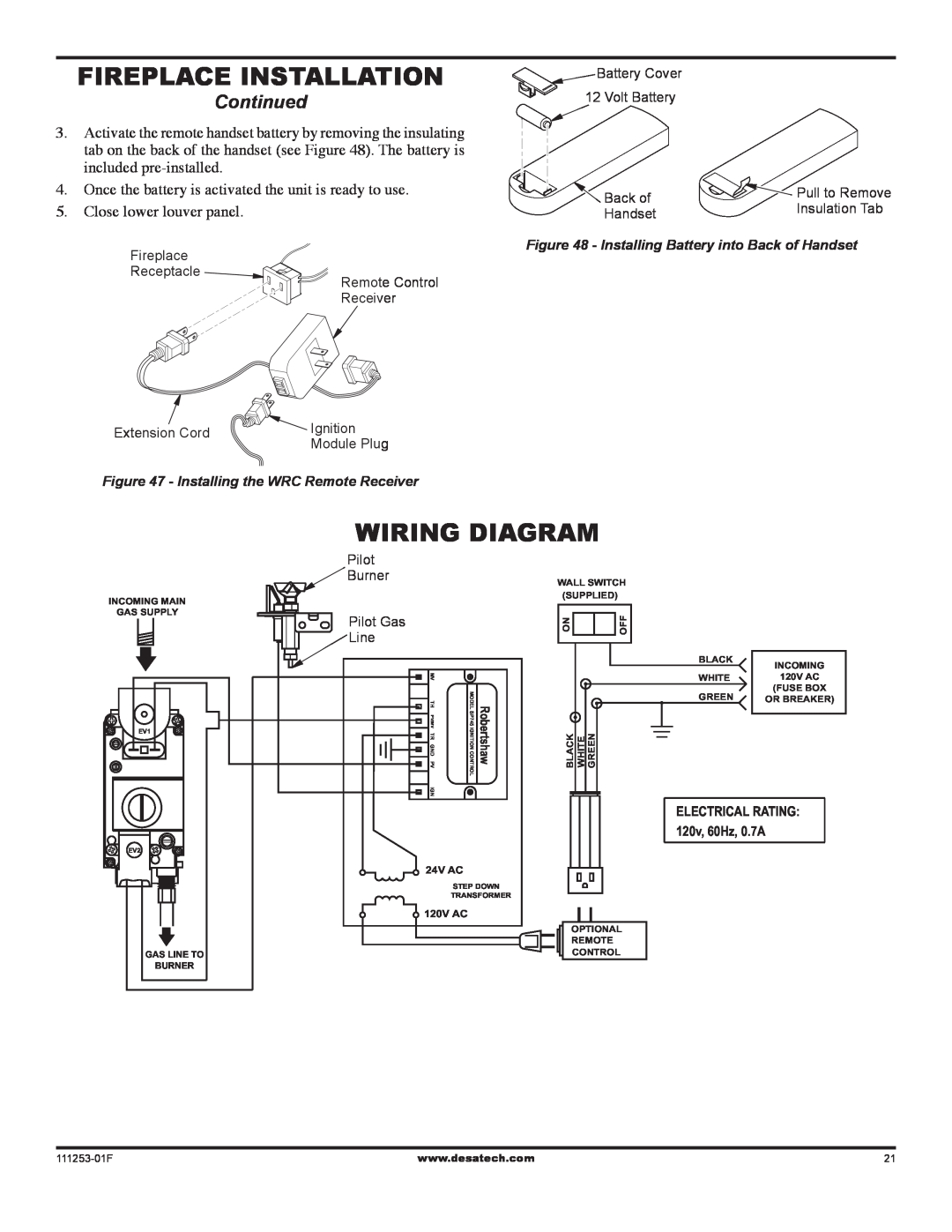 Desa VV36EPC1 SERIES, VV36ENC1 SERIES, (V)V36EN-B, (V)V36EP-B Wiring Diagram, Fireplace Installation, Continued 
