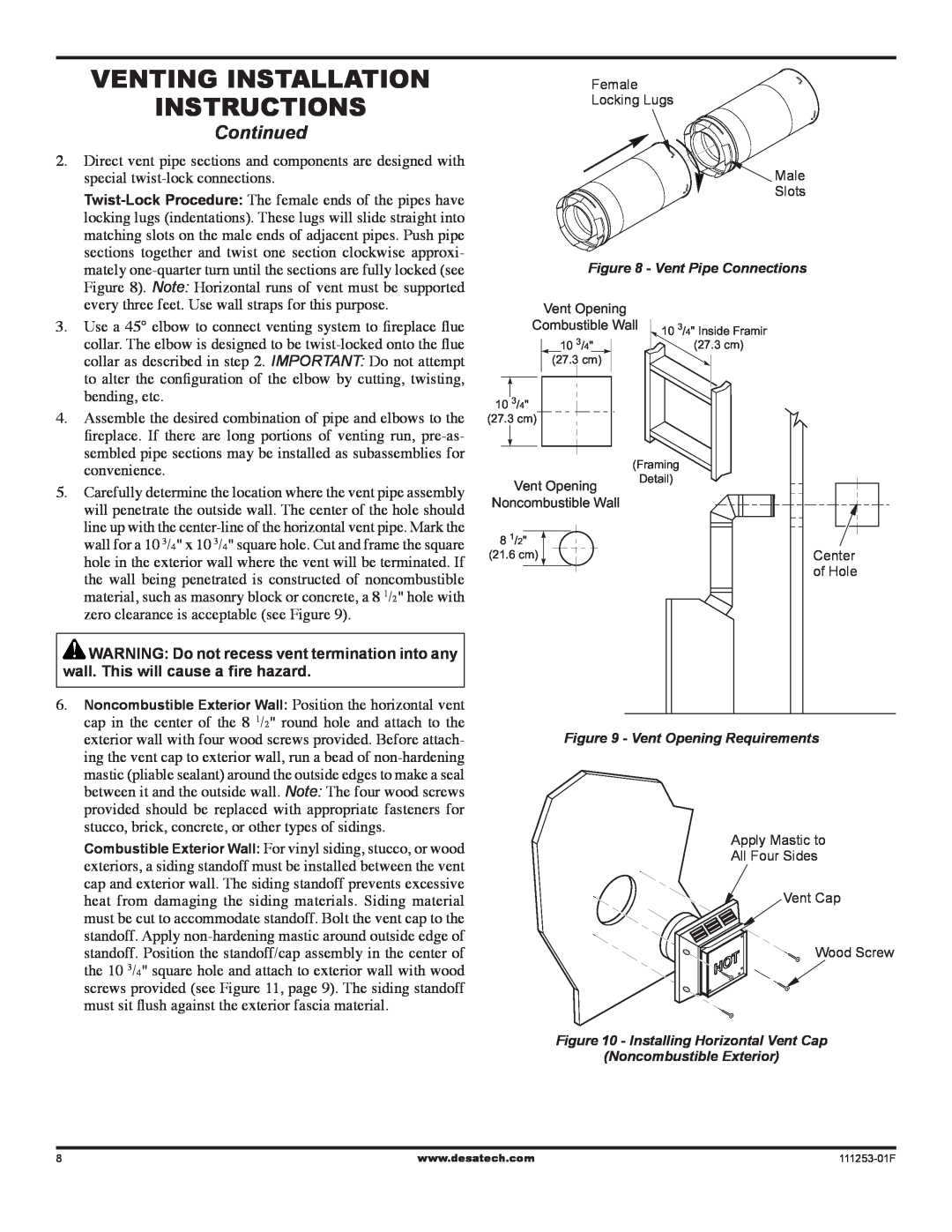 Desa VV36ENC1 SERIES Venting Installation instructions, Continued, Vent Pipe Connections, Vent Opening Requirements 