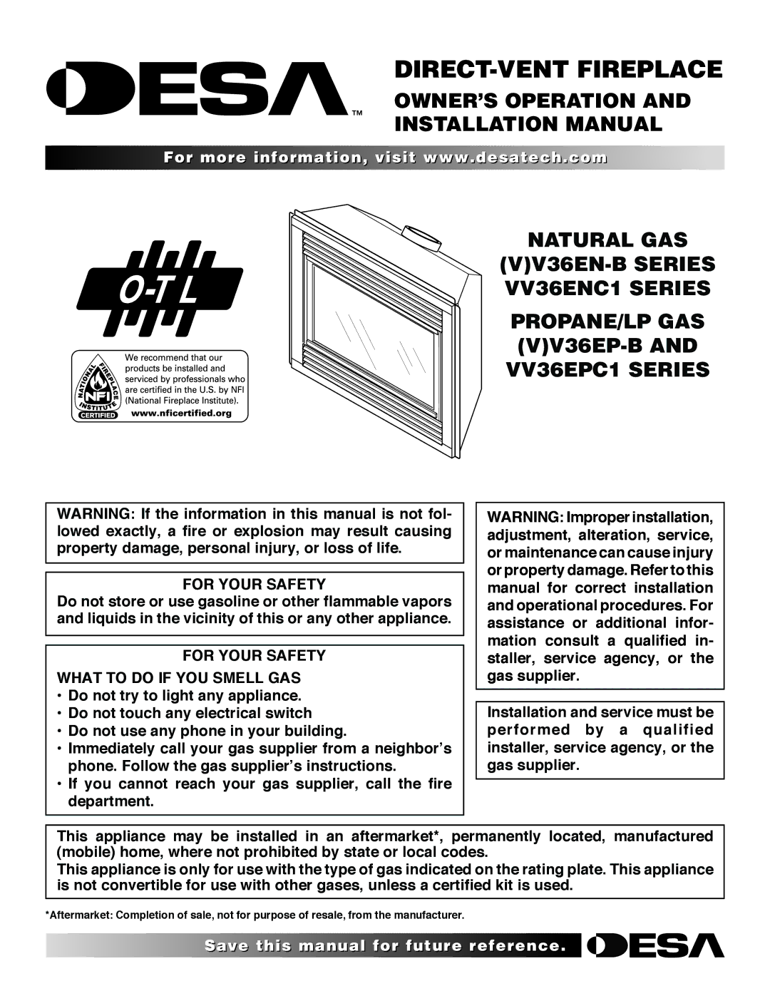 Desa VV36EPC1 installation manual OWNER’S Operation Installation Manual, For Your Safety 