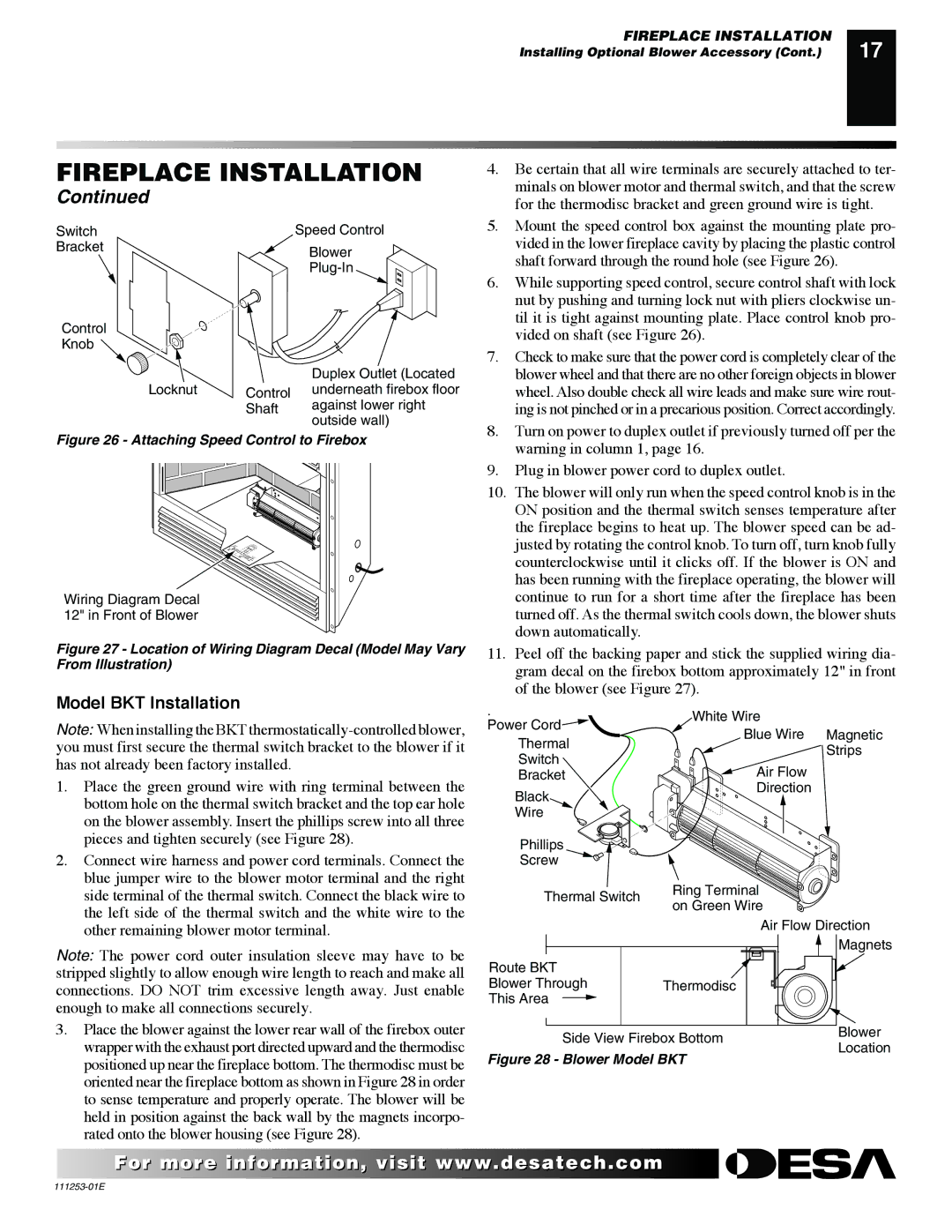 Desa VV36EPC1 installation manual Model BKT Installation, Attaching Speed Control to Firebox 