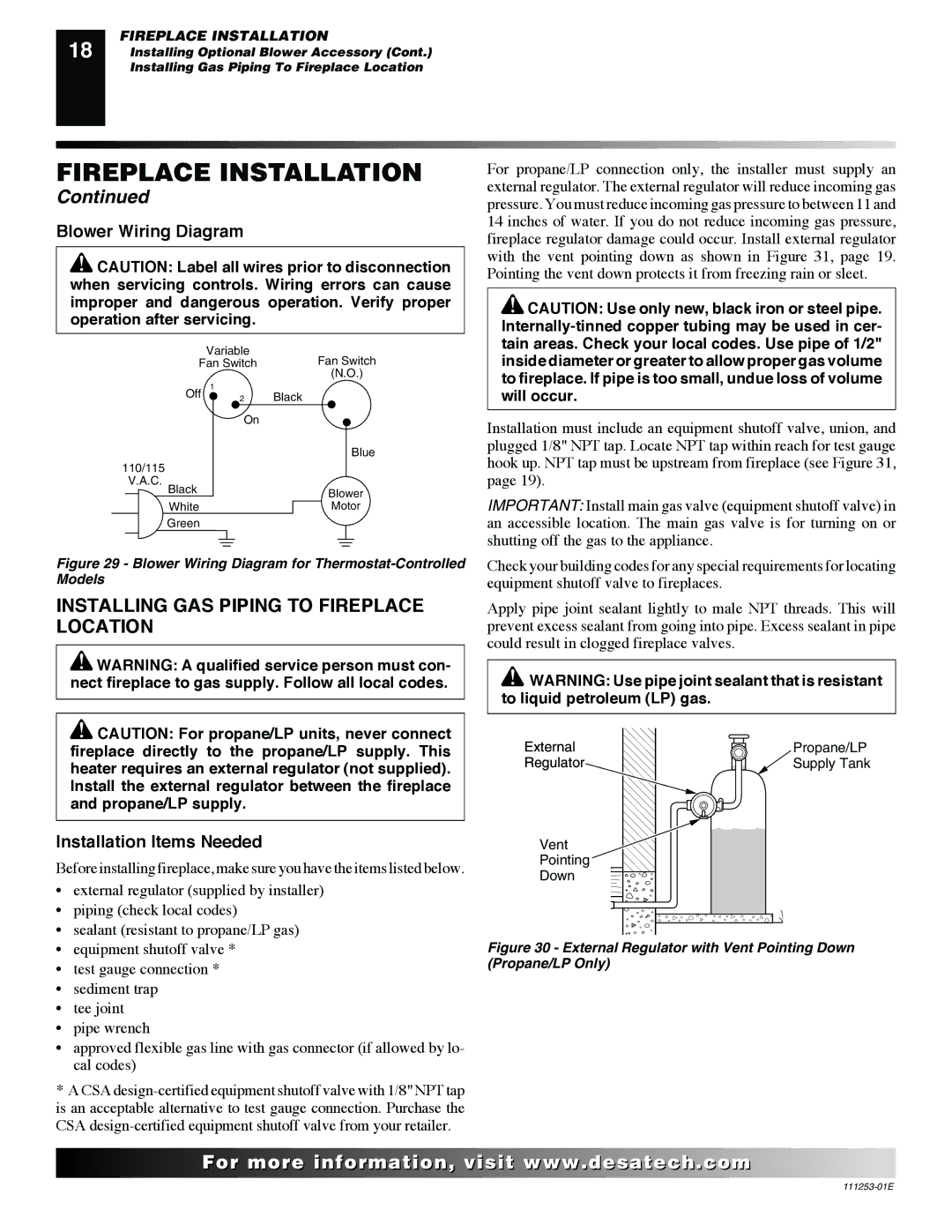 Desa VV36EPC1 Installing GAS Piping to Fireplace Location, Blower Wiring Diagram, Installation Items Needed 