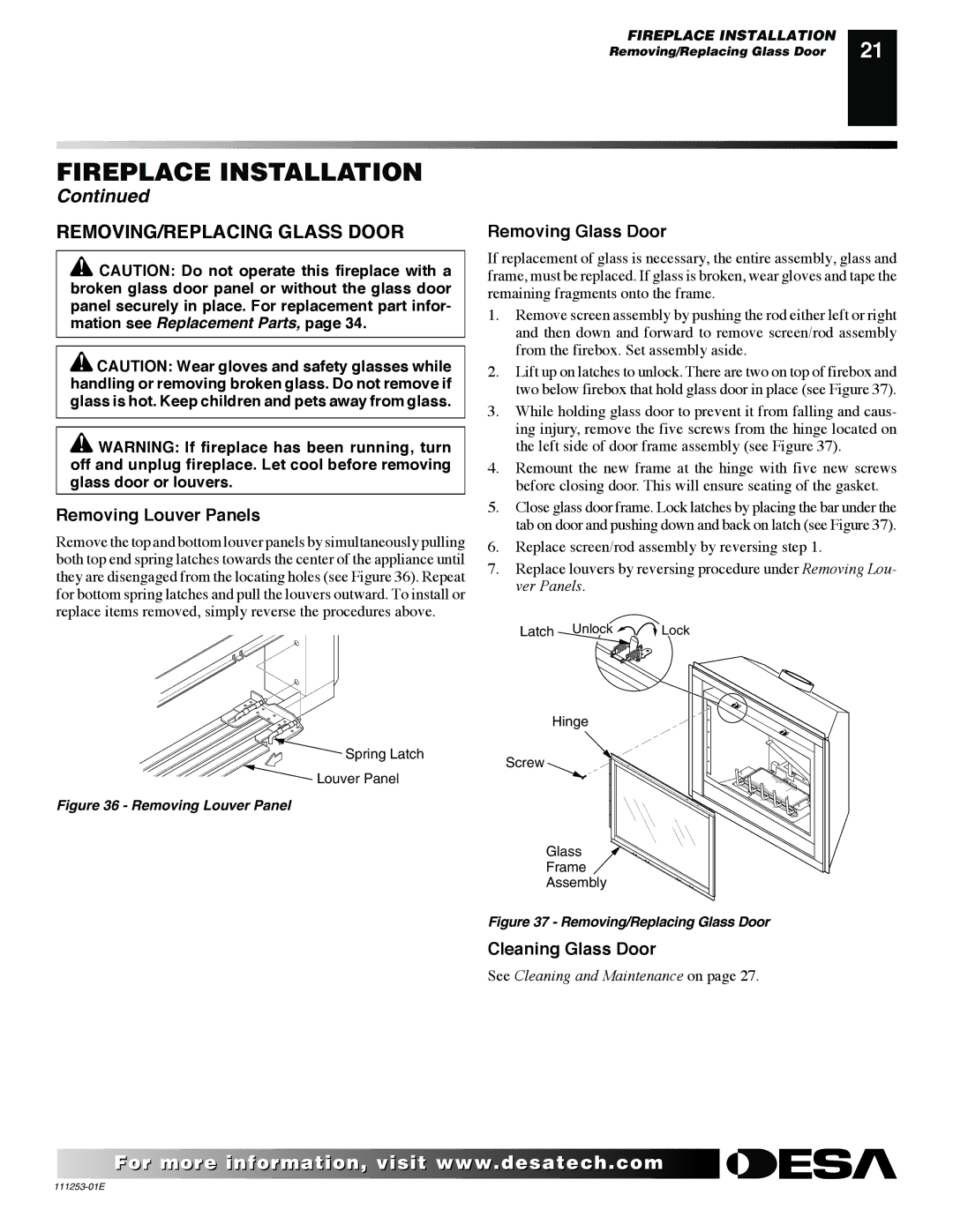 Desa VV36EPC1 REMOVING/REPLACING Glass Door, Removing Louver Panels, Removing Glass Door, Cleaning Glass Door 