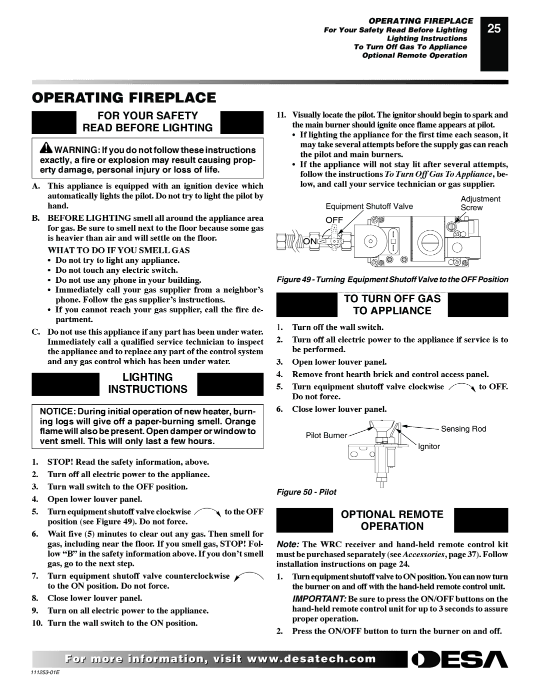 Desa VV36EPC1 Operating Fireplace, For Your Safety Read Before Lighting, Lighting Instructions, Optional Remote Operation 