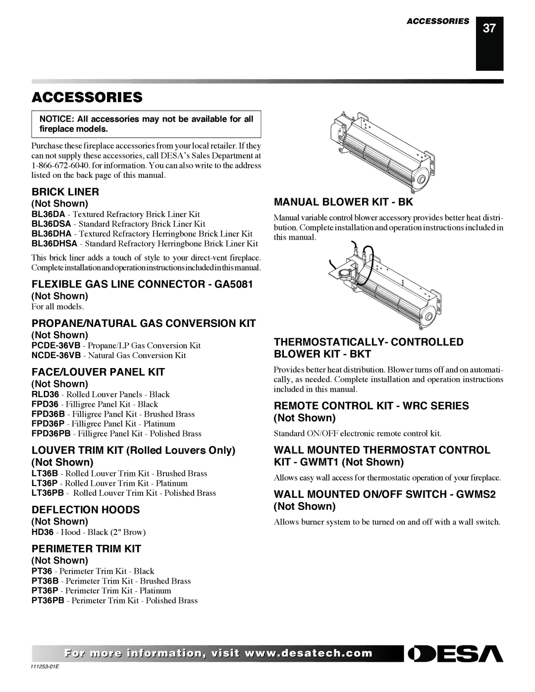 Desa VV36EPC1 installation manual Accessories 